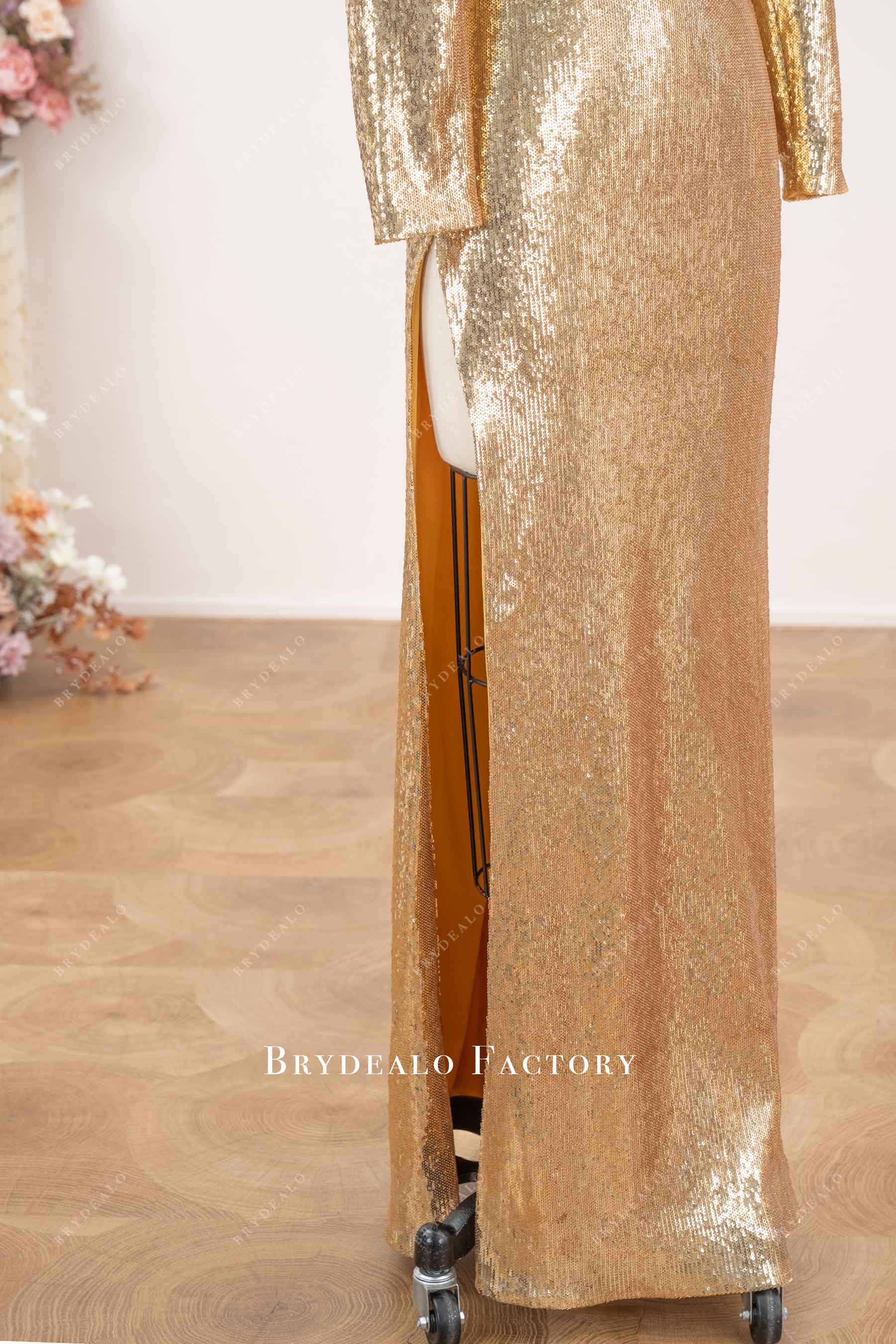 shimmery gold sequin high slit formal dress