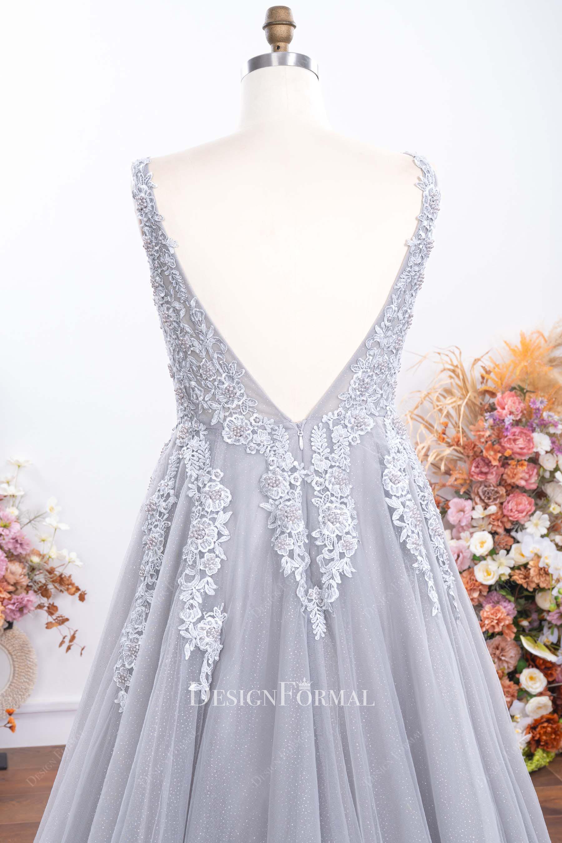 shimmery grey a line prom dress 