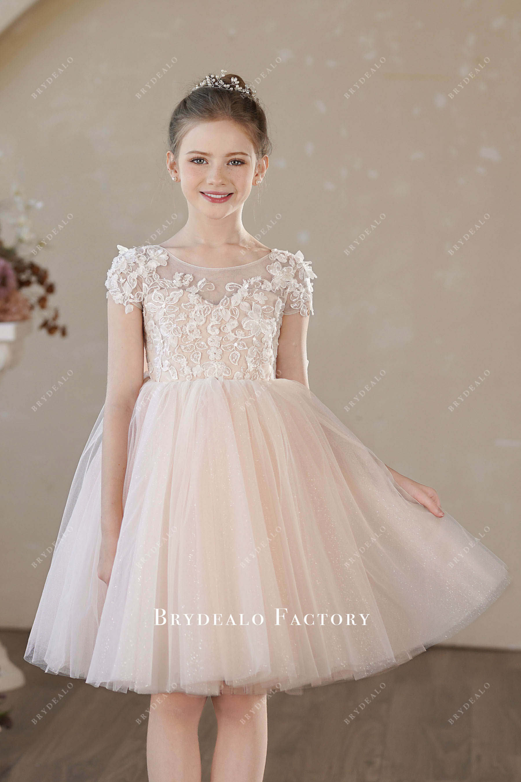 shimmery knee length cap flower girl dress