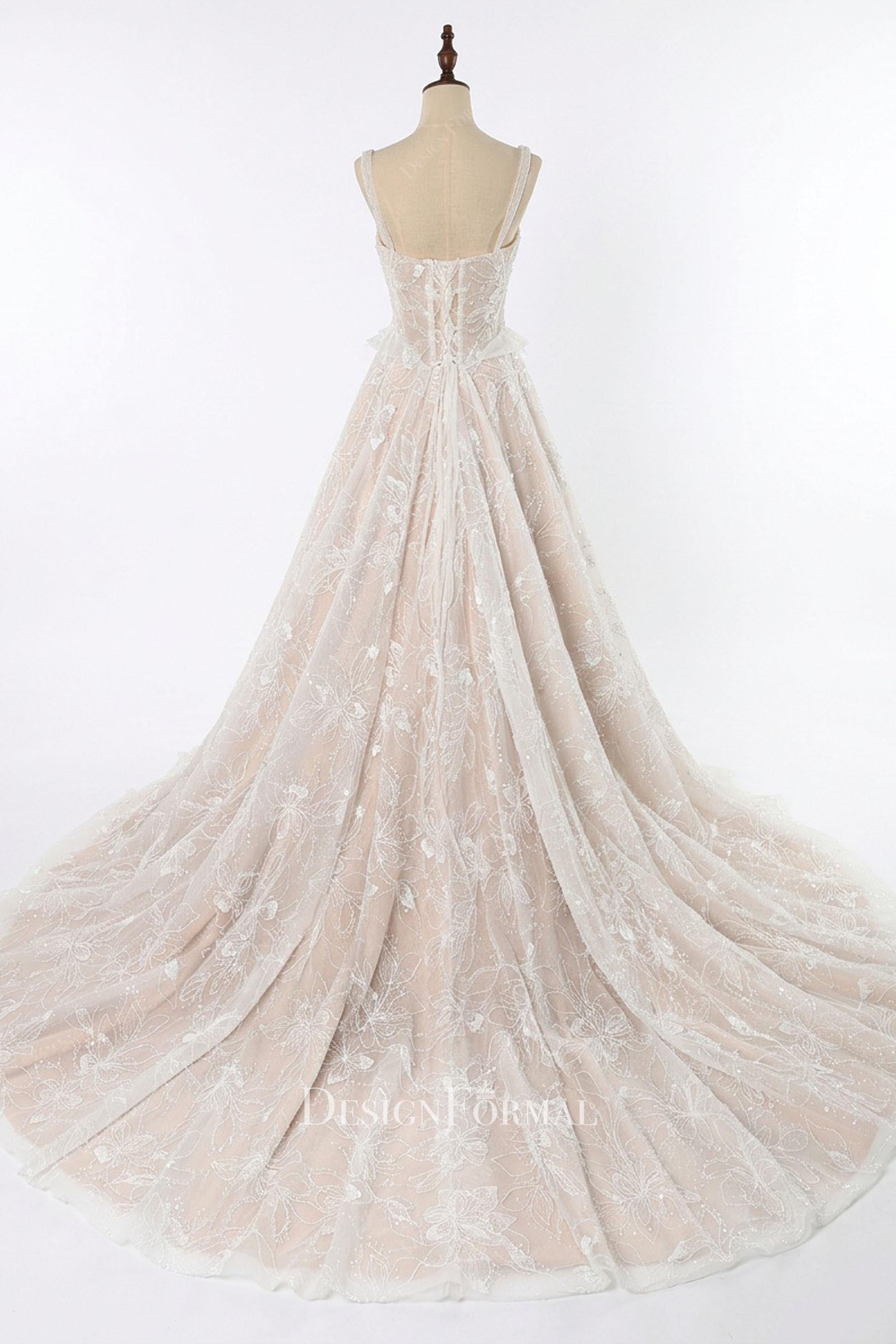 shimmery lace chapel train wedding dress