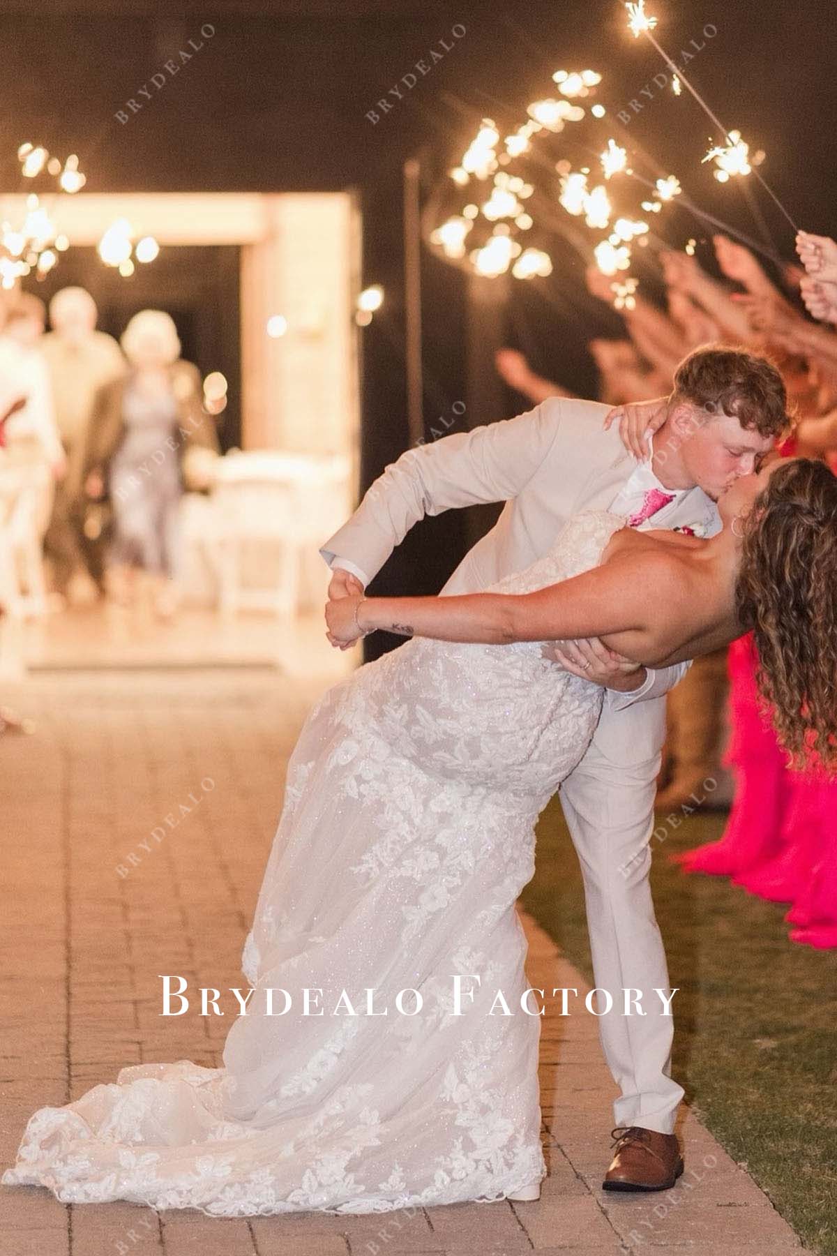 shimmery lace open back mermaid wedding dress