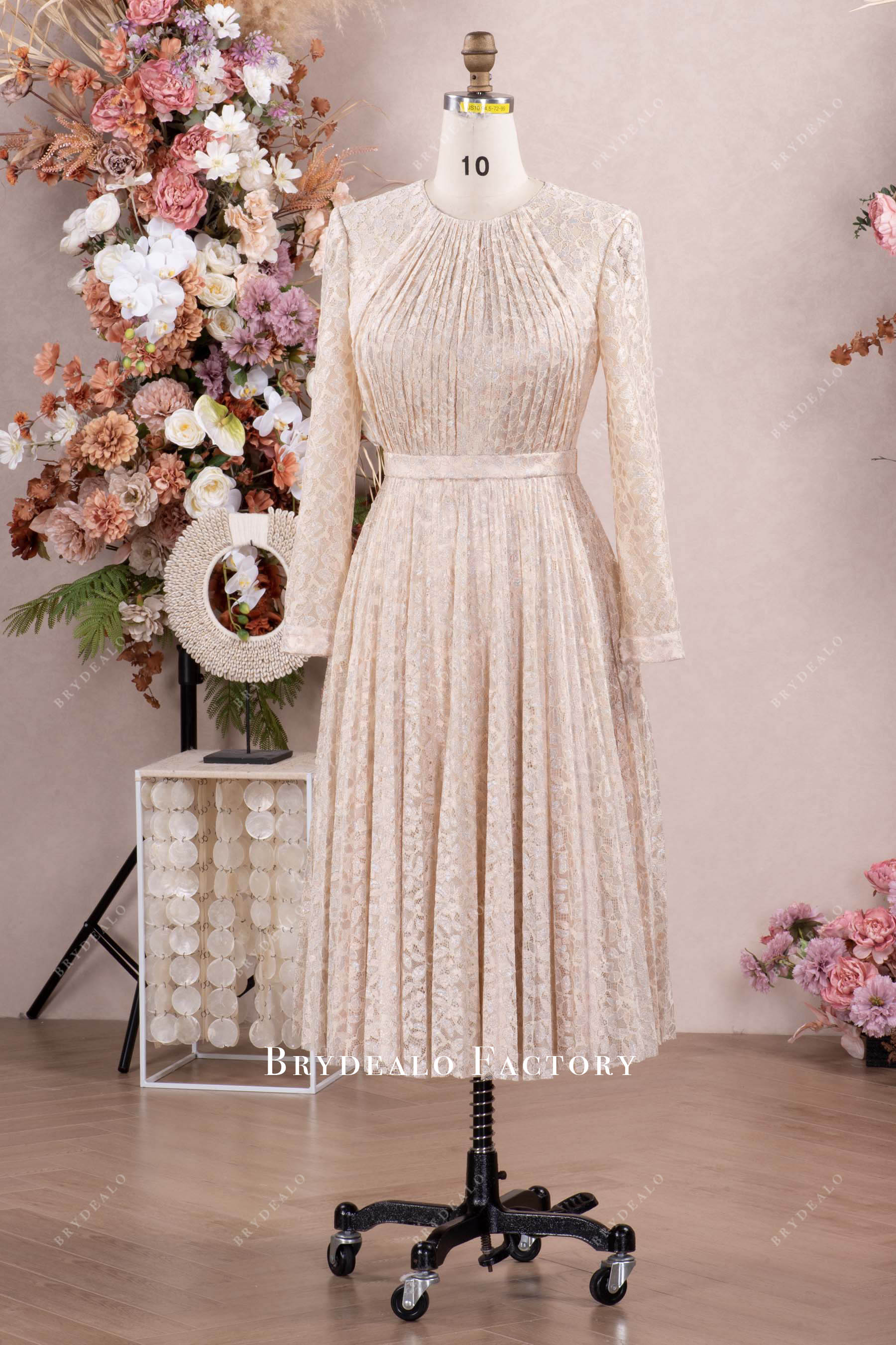 shimmery lace tea length formal dress