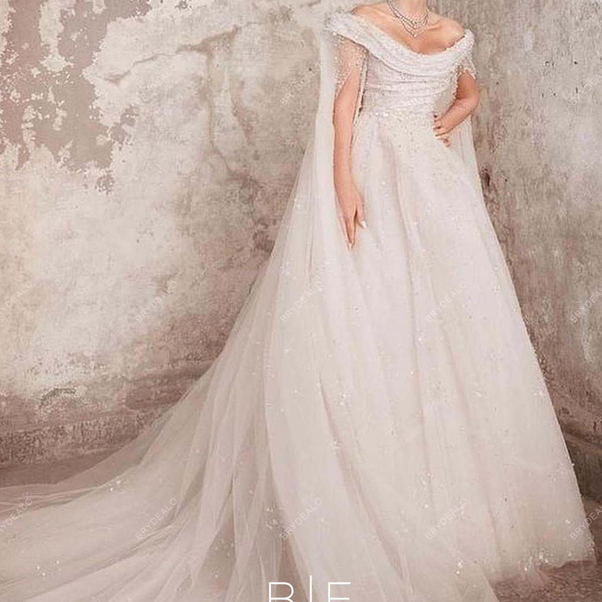 Off-shoulder Shimmery Beading Cape Sleeves Ivory Grecian Wedding Dress, White