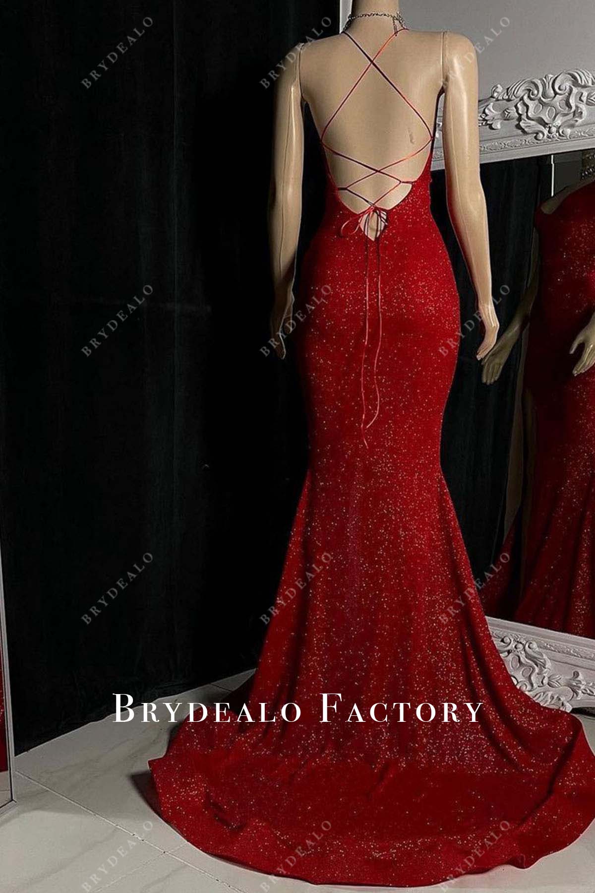 shimmery red crisscross back prom dress