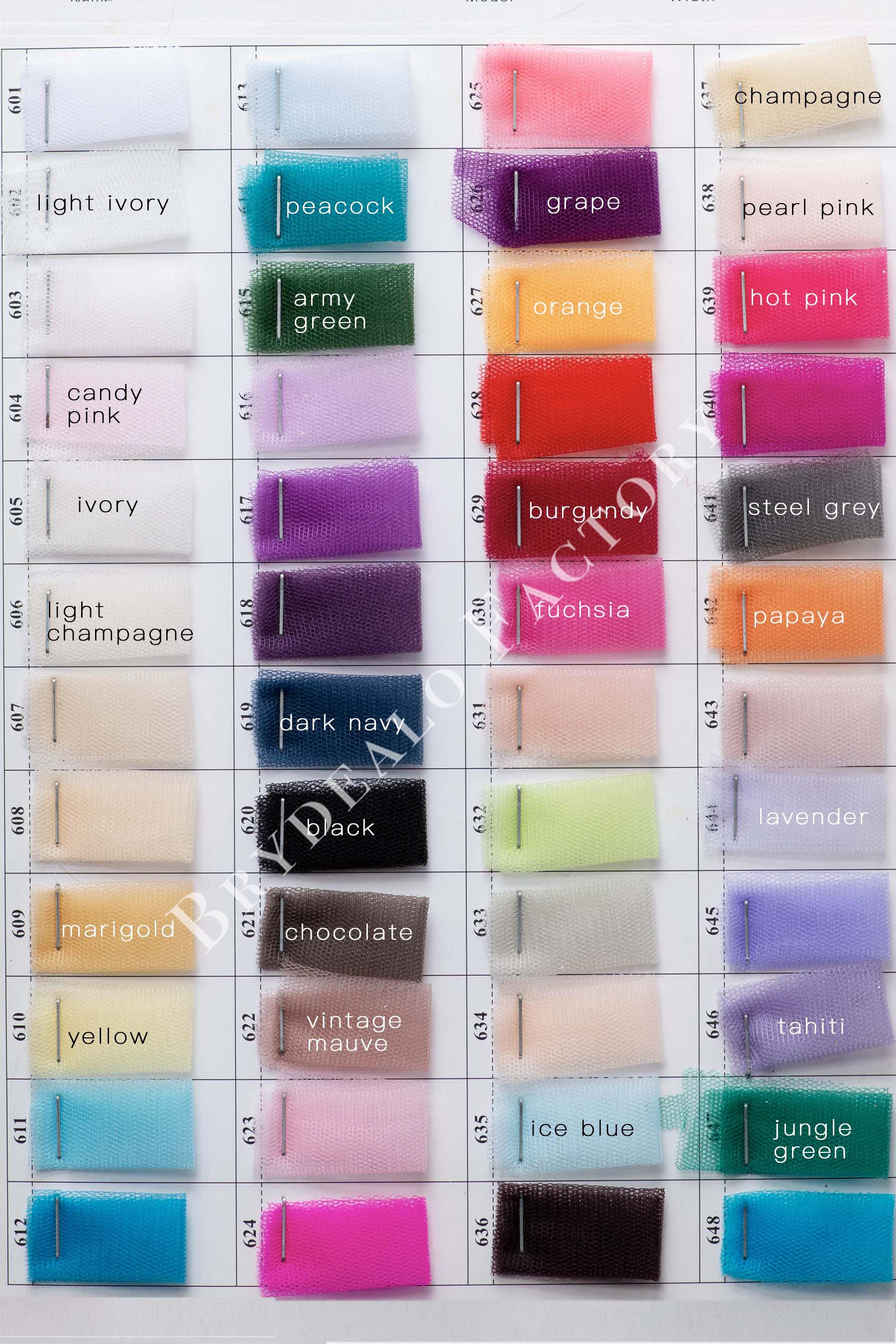 Shimmery Soft Tulle Fabric Color Chart | 150+ Colors