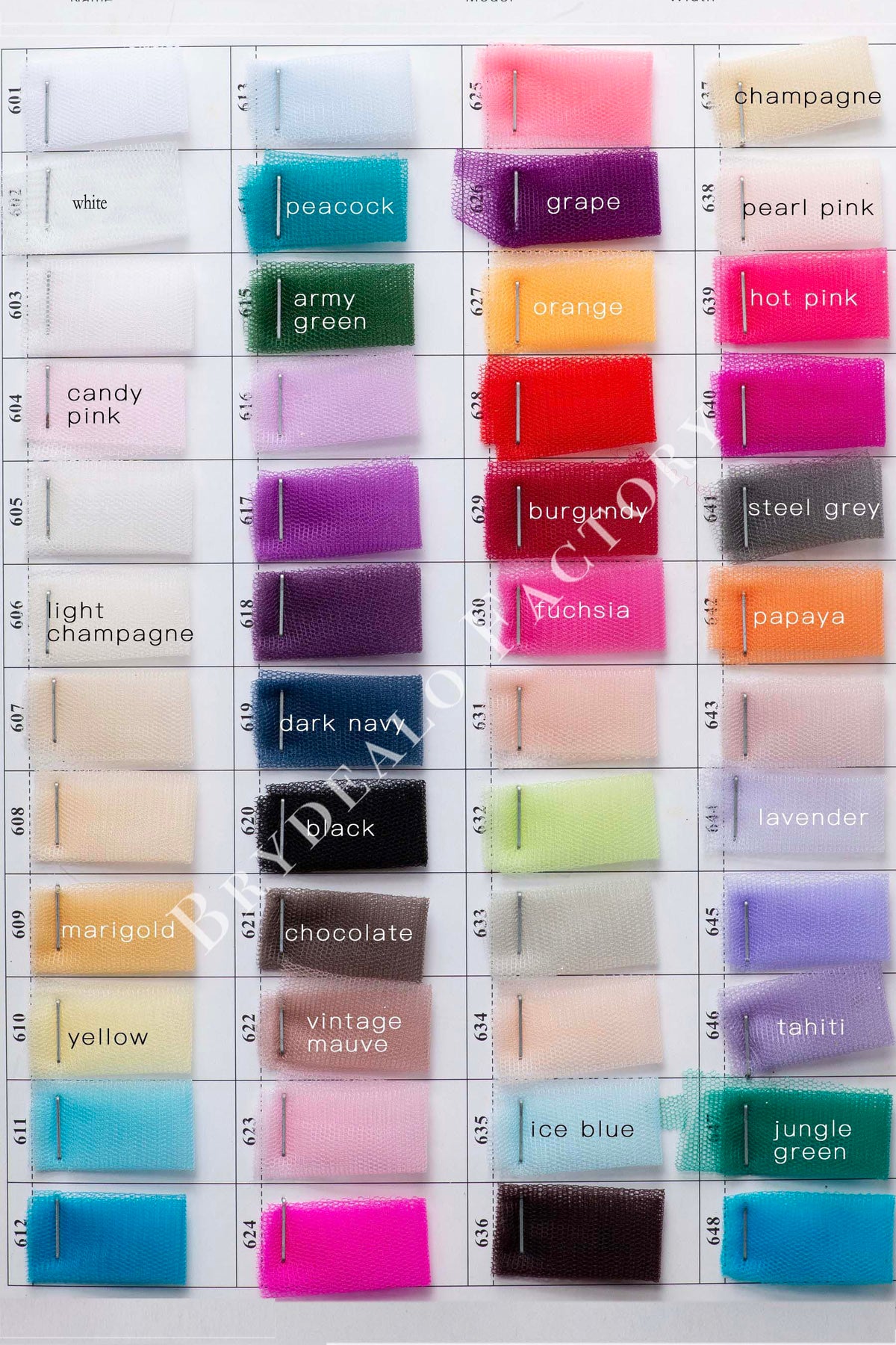 Shimmery Soft Tulle Fabric Color Chart