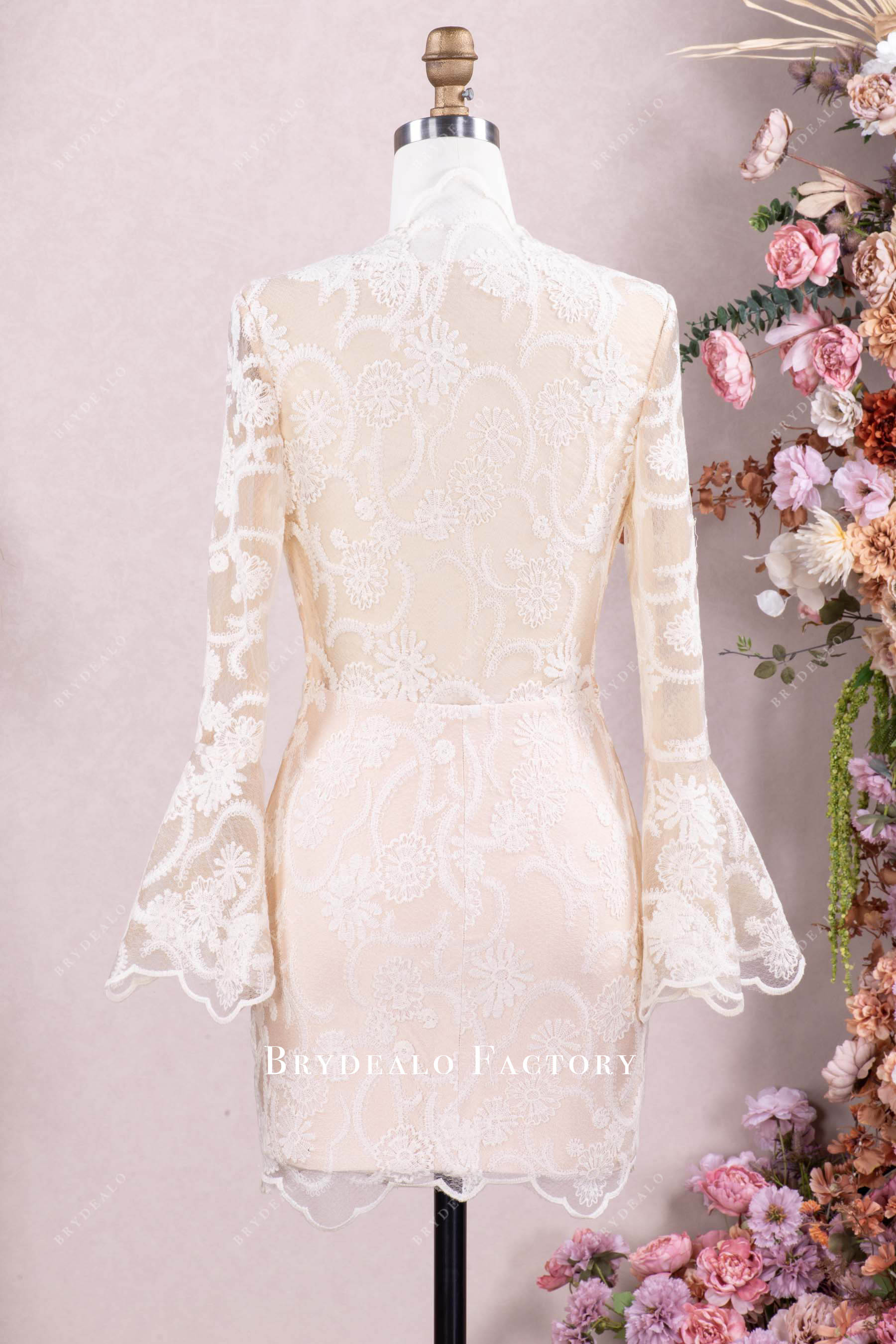 Champagne Lace Bell Sleeves After-Party Wedding Dress