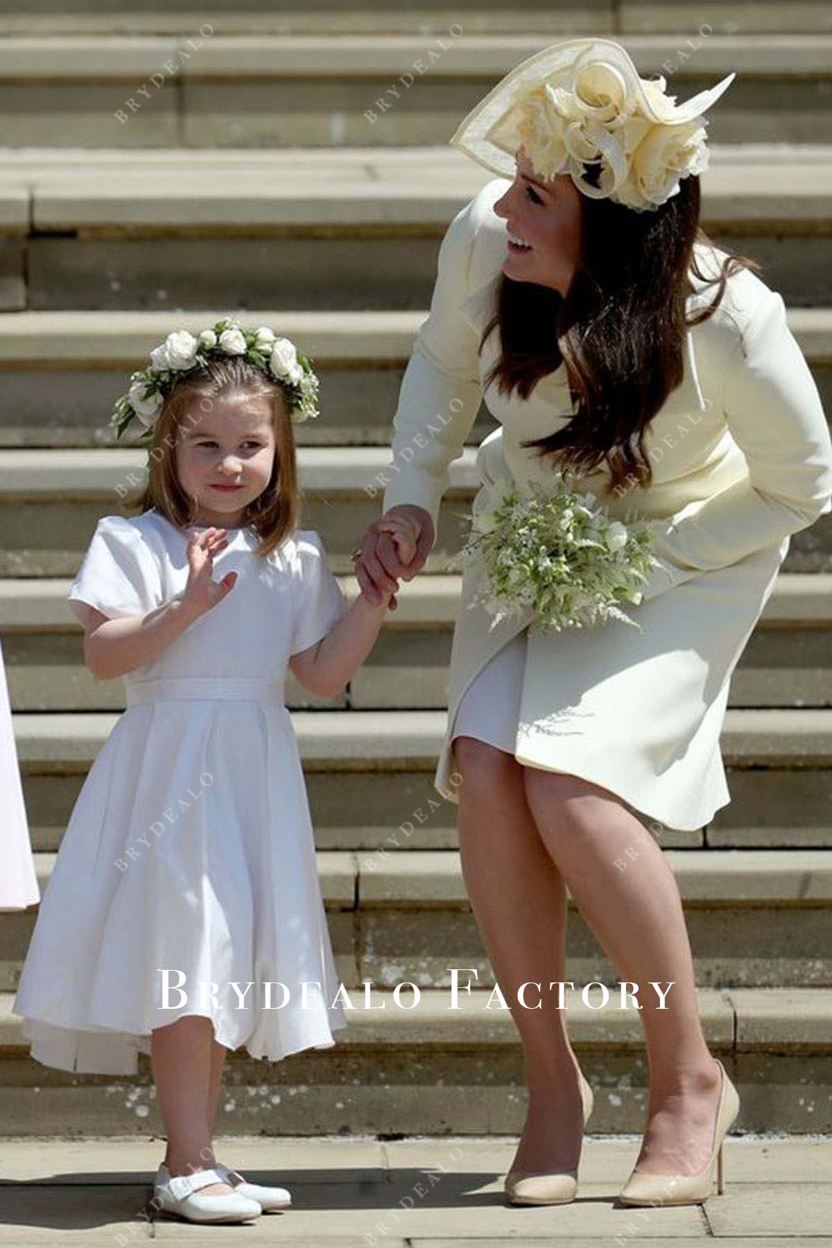 short sleeves white flower girl dress