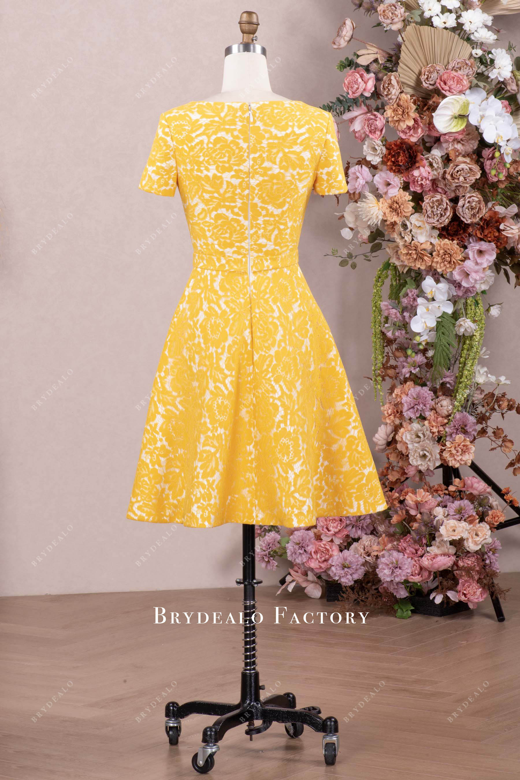 short yellow lace formal dress