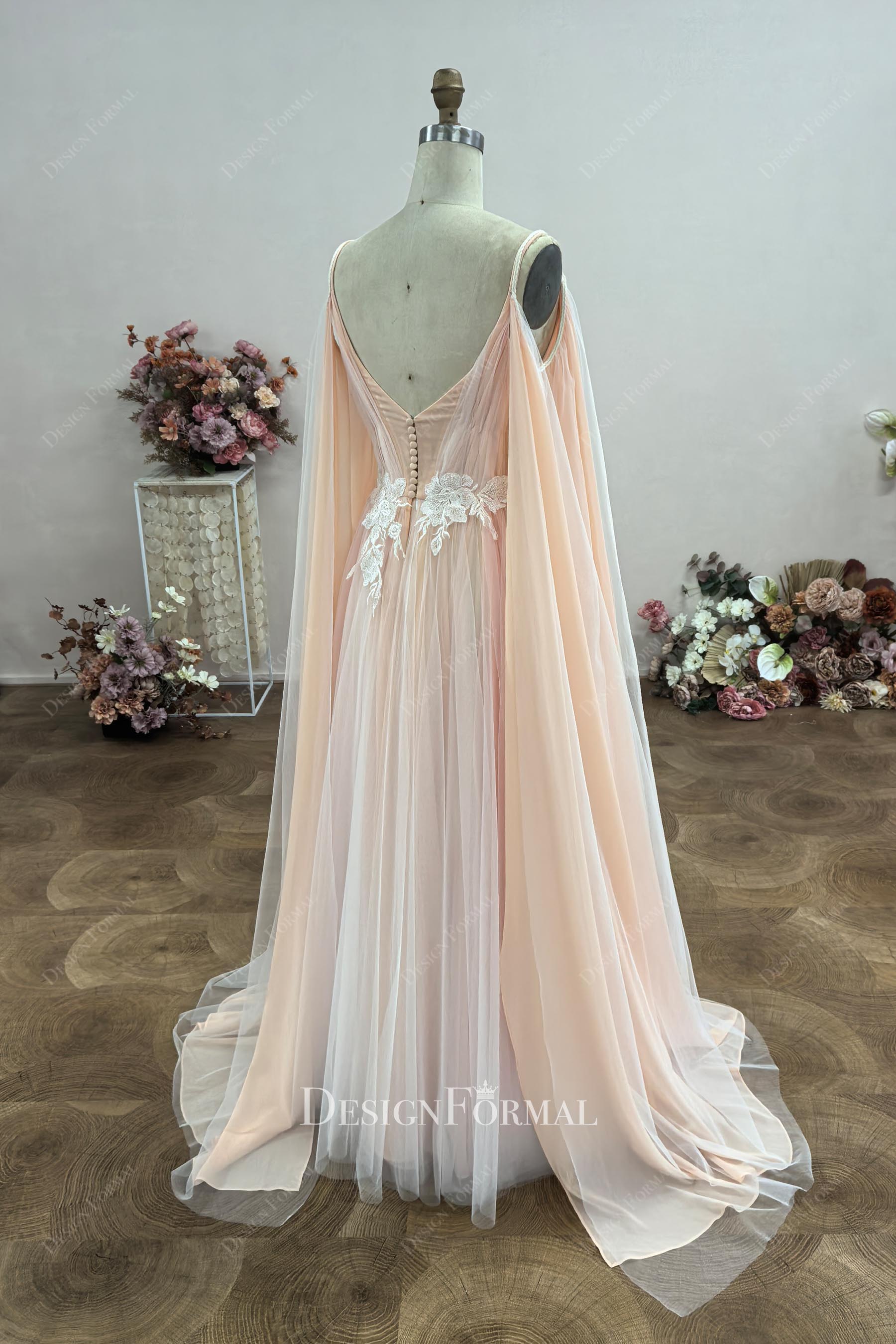 shoulder cape tulle bobo wedding dress