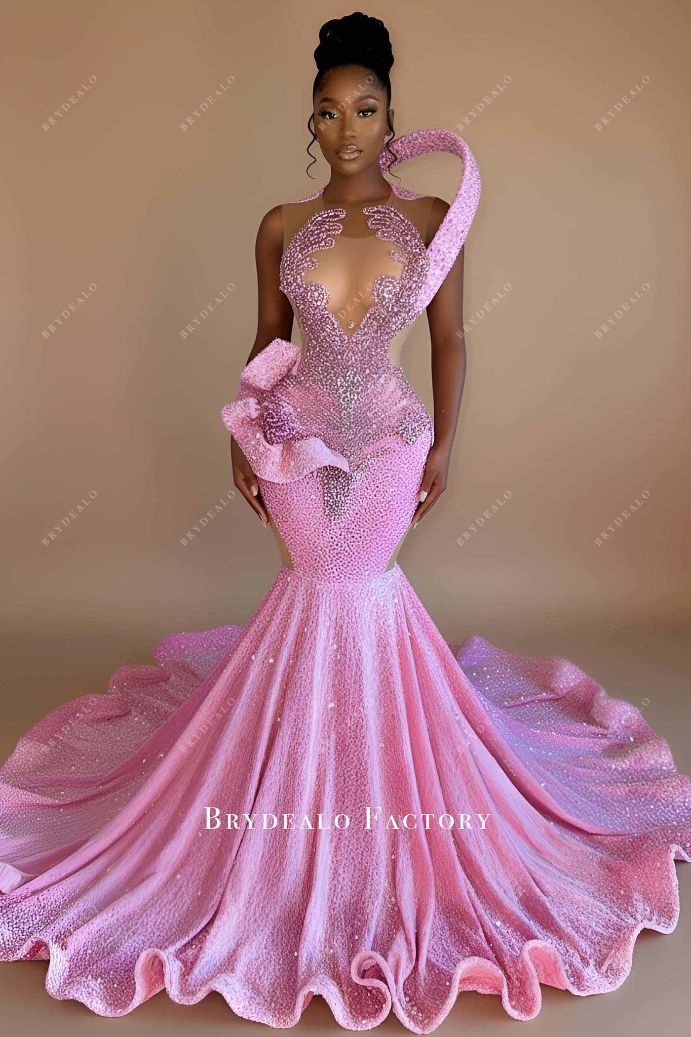 Sparkly Pink Sequin Rhinestone Shoulder Panel Prom Dress