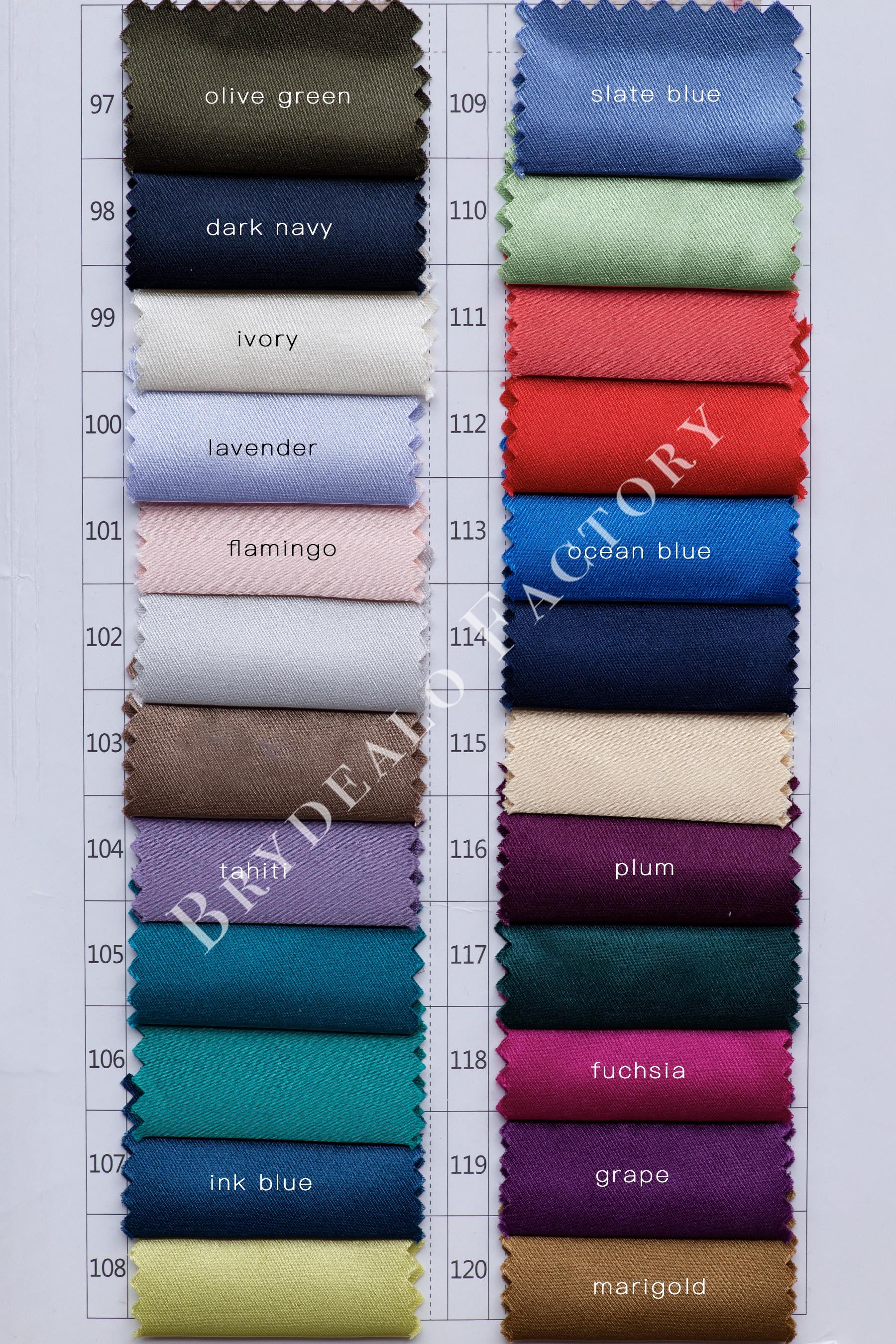 Silky Polyester Charmeuse Satin Fabric Color Chart | 120+ Colors