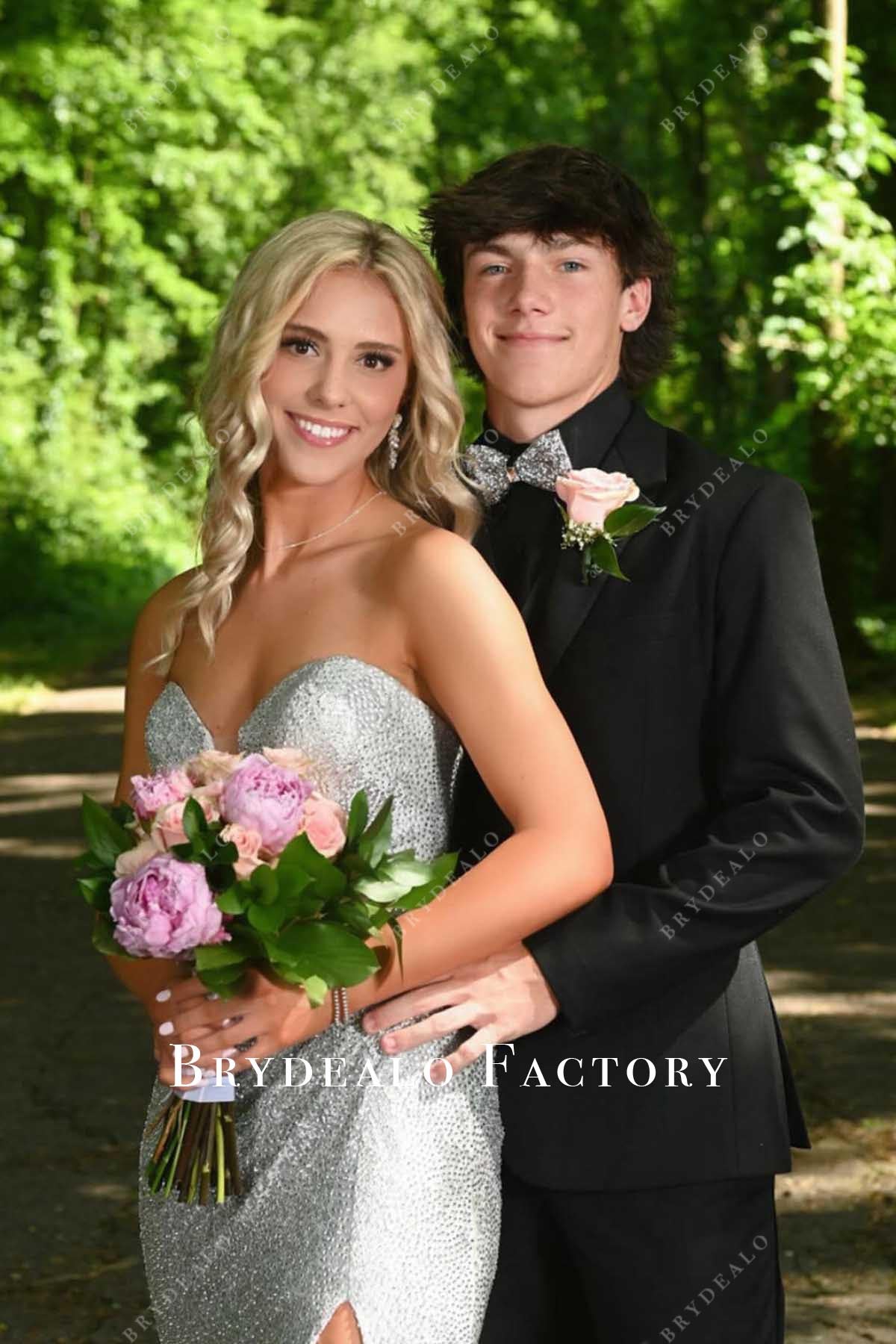 silver glitter strapless prom dress