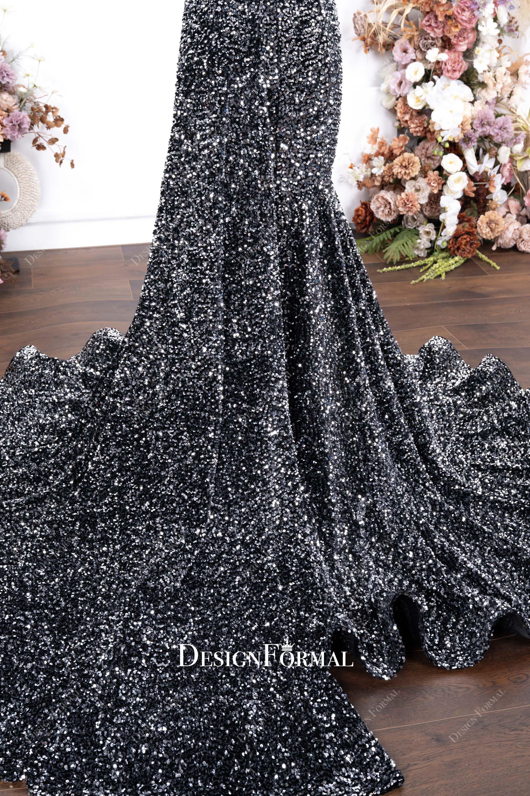 silver grey glitter chapel rain prom dress