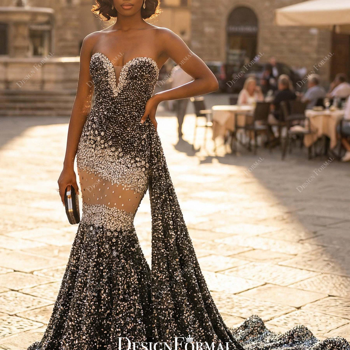 grey strapless prom dress Sparkly Rhinestone Sequin Trumpet Panel Ball gown