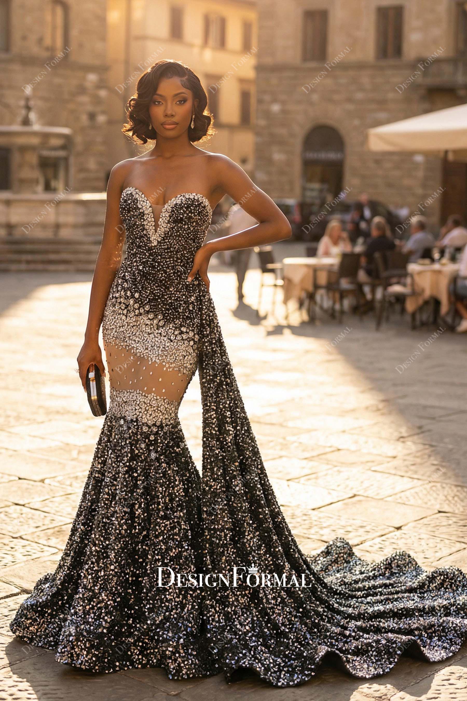 silver grey glitter strapless prom dress