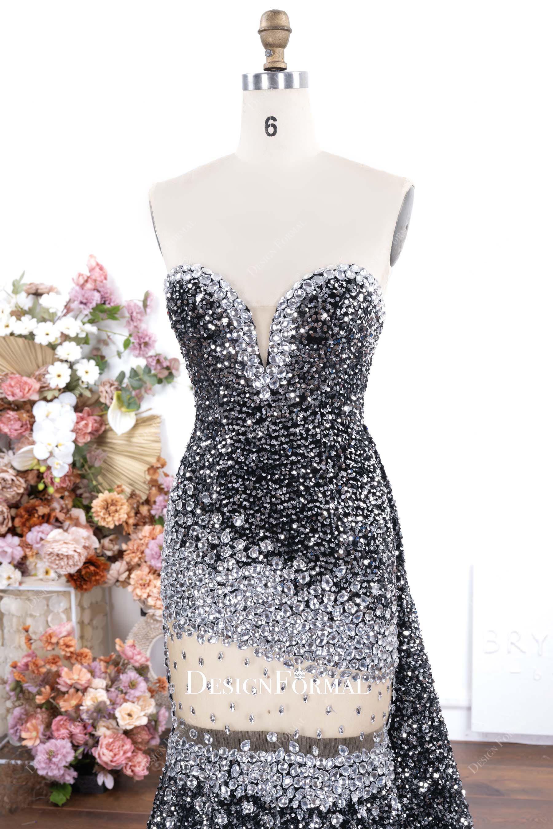 silver grey glitter sweetheart neck prom dress