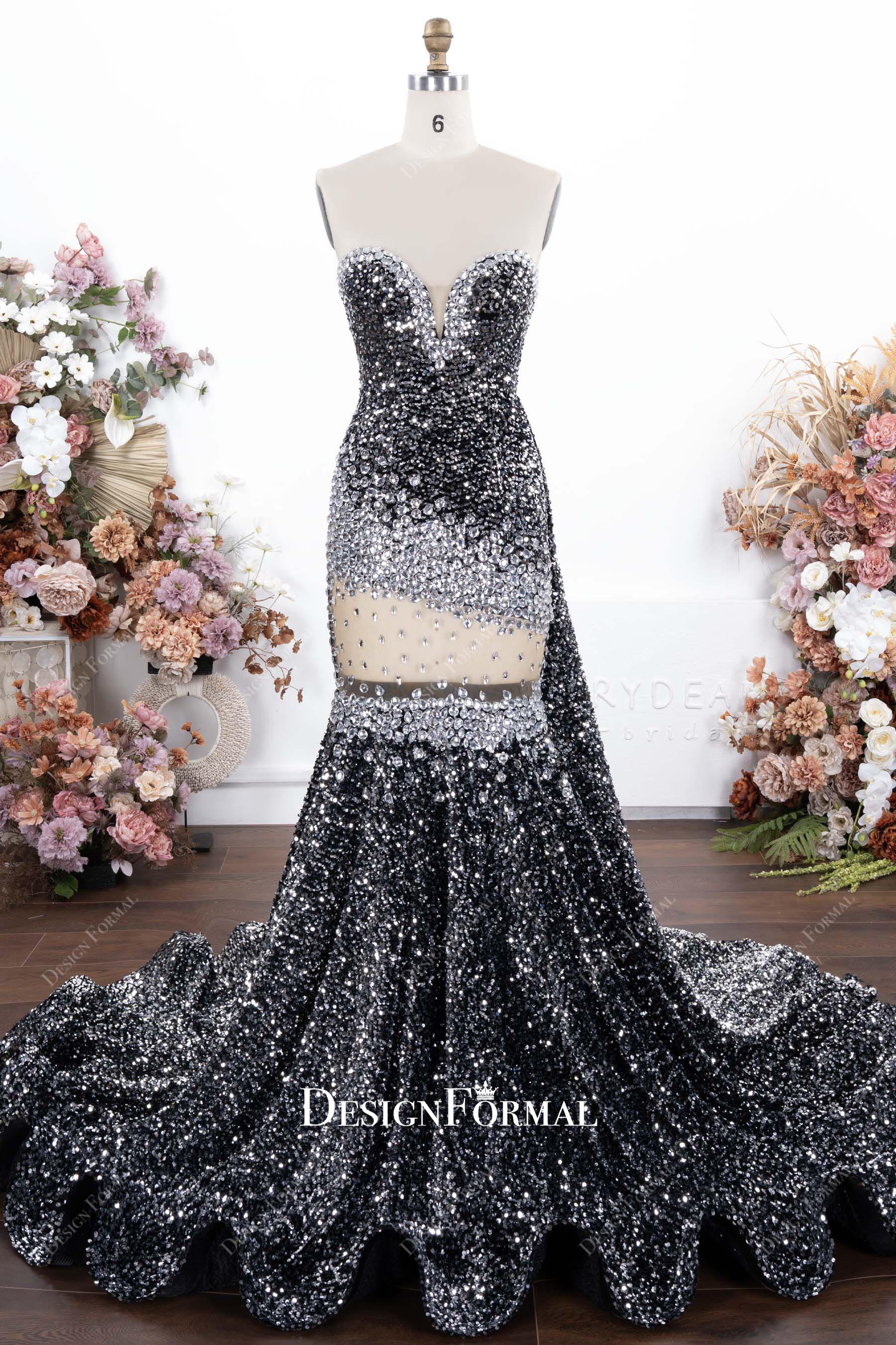 silver grey glitter trumpet prom dress