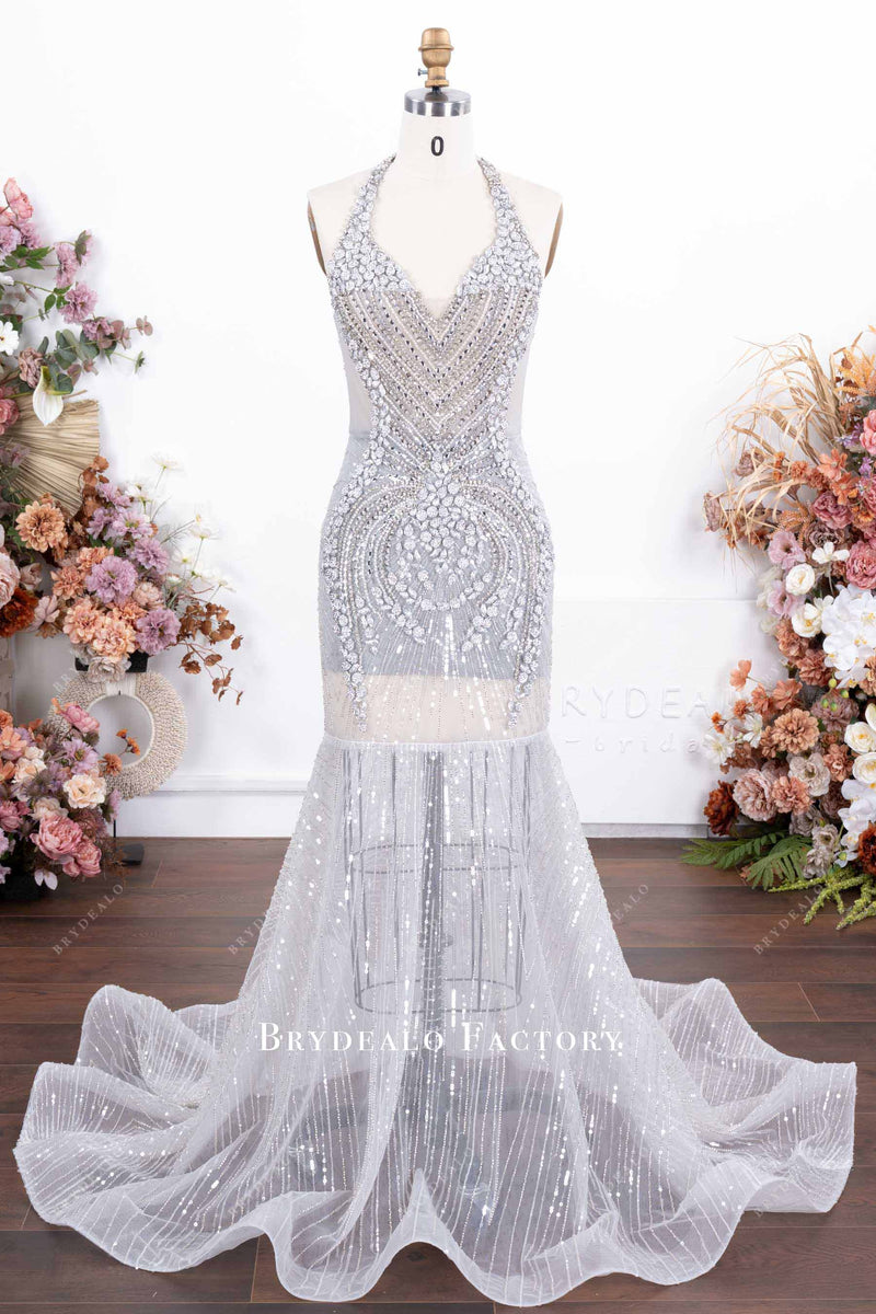 Silver Crystals Halter Glitter Mermaid Designer Prom Dress