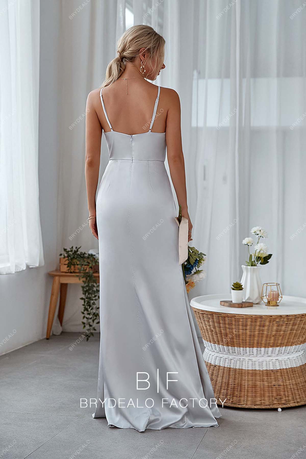 silver open back long floor length formal gown