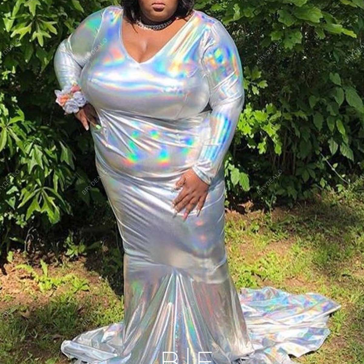 Plus Size V-Neck Silver Stretchy Glossy Leather Mermaid Prom Dress Plus Size V-Neck Silver Stretchy Glossy Leather Mermaid Prom Dress