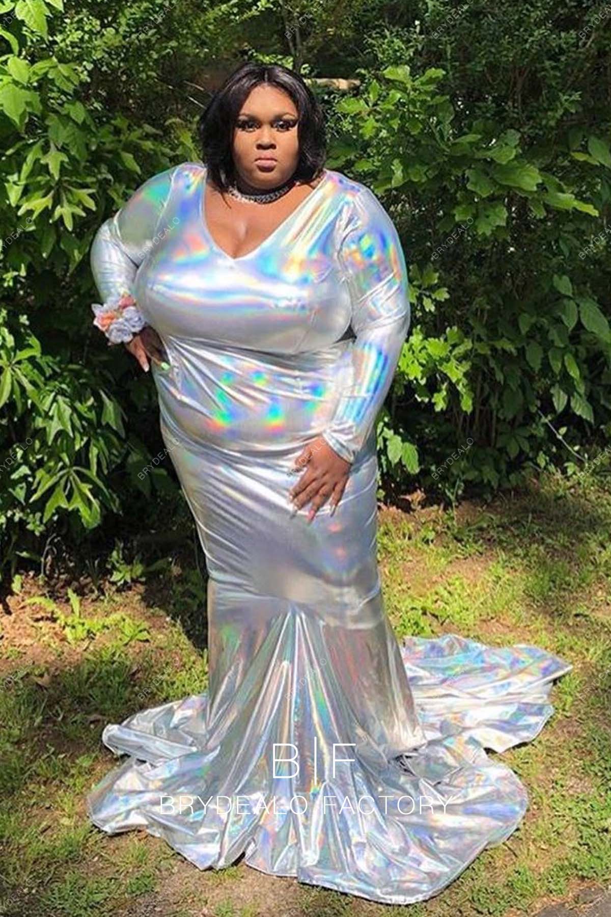 Plus Size V-neck Silver Glossy Leather Mermaid Prom Dress