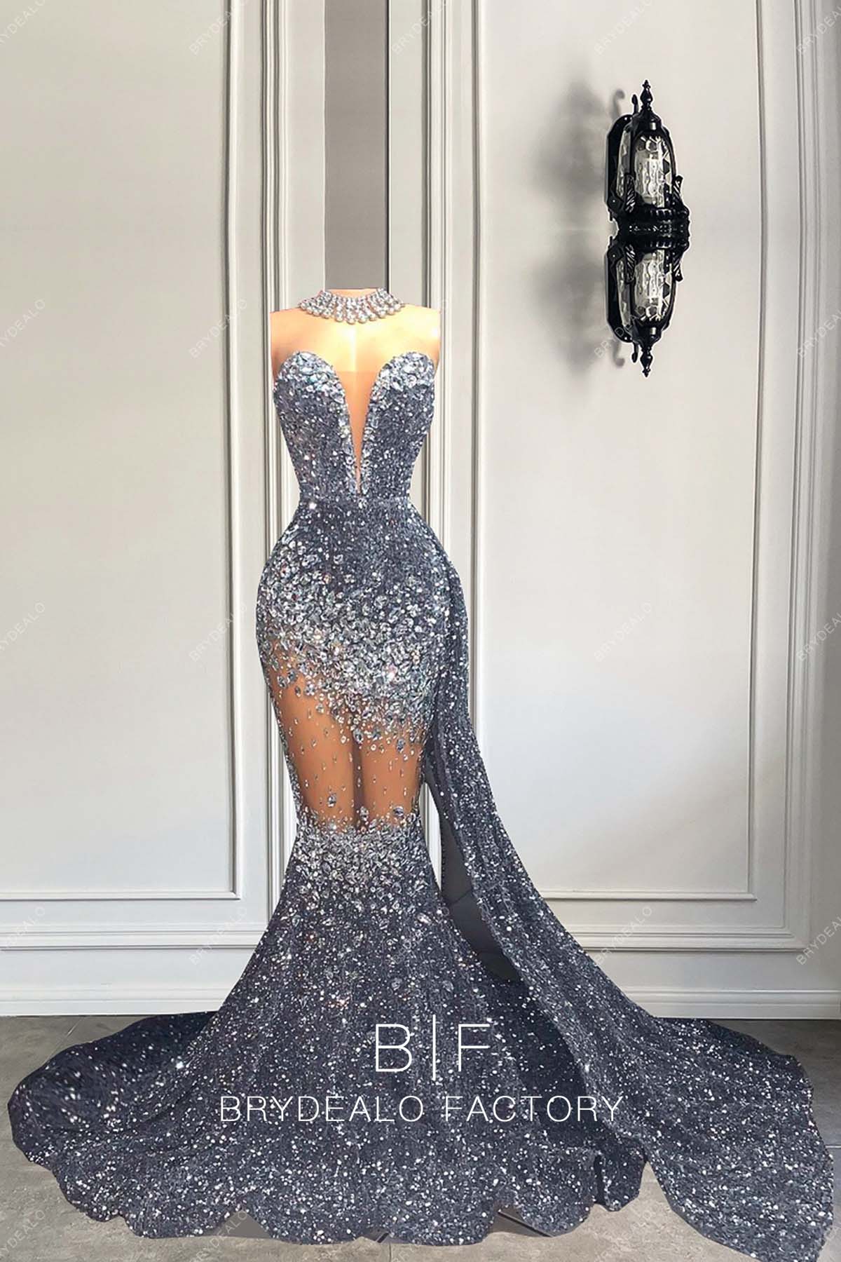 Luxury Rhinestones Grey Sequins Mermaid Long Prom Dress
