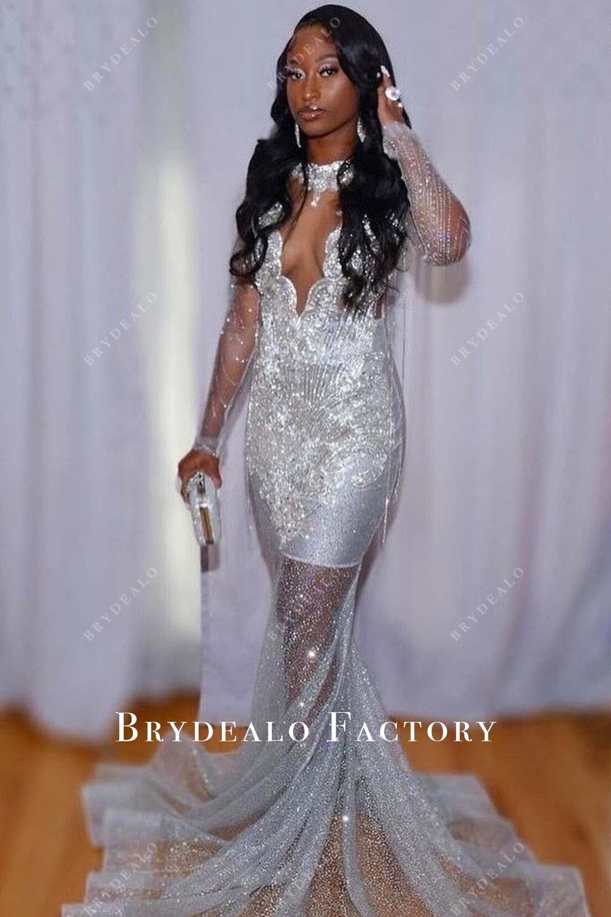 silver rhinestone sheer sleeves glitter mermaid prom dress