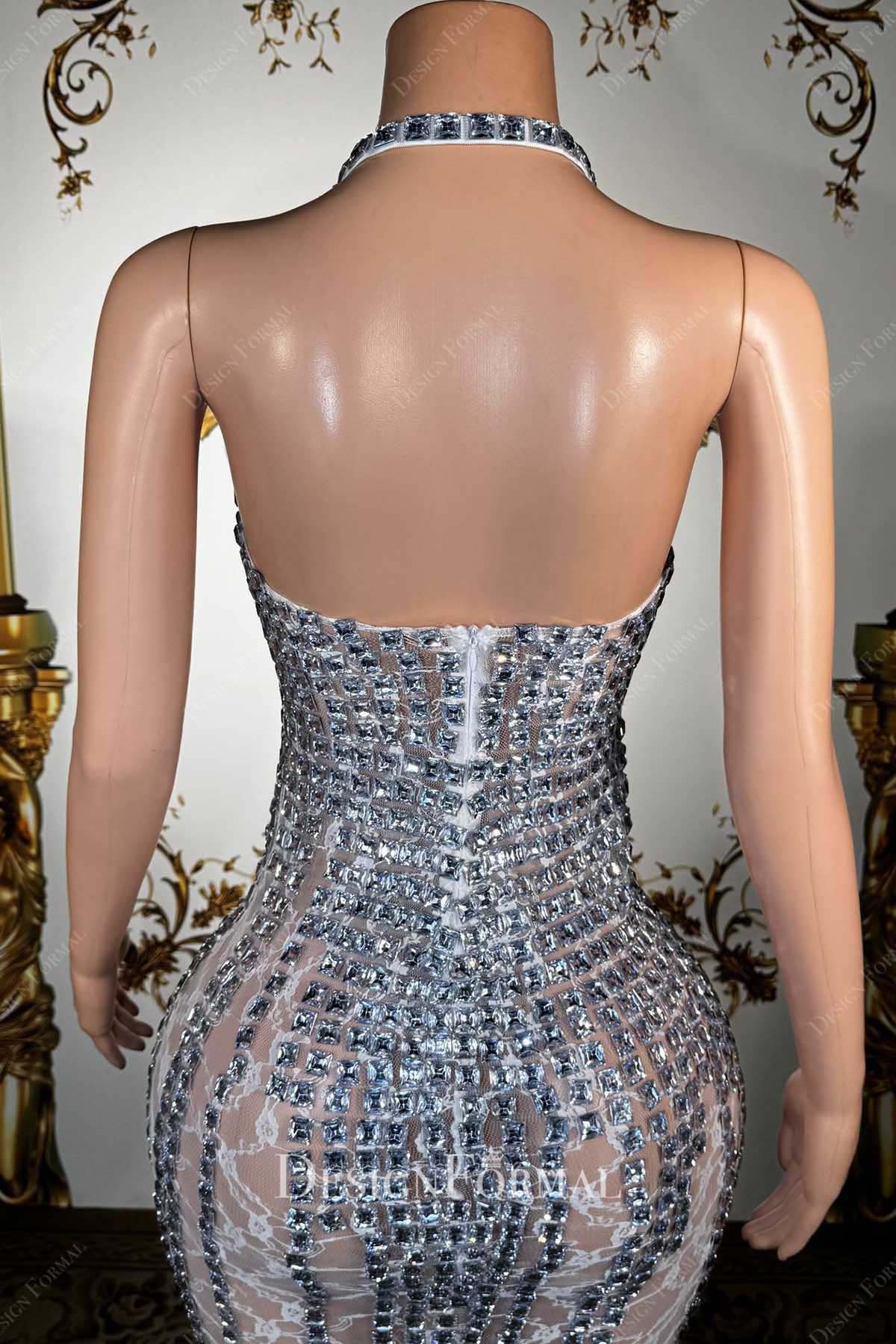 silver rhinestones halter backless prom dress
