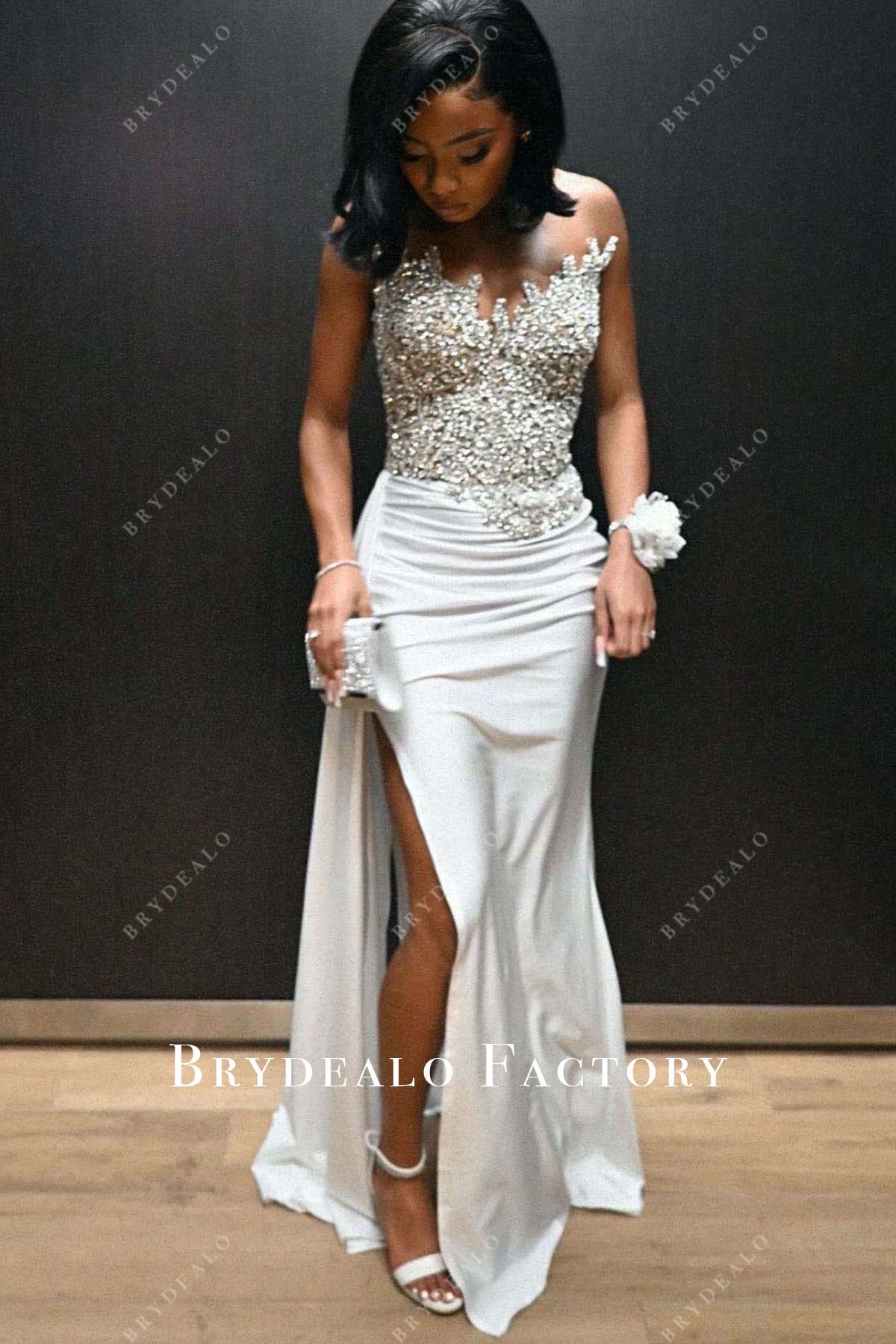 silver rhinestones strapless bodice slit prom dress