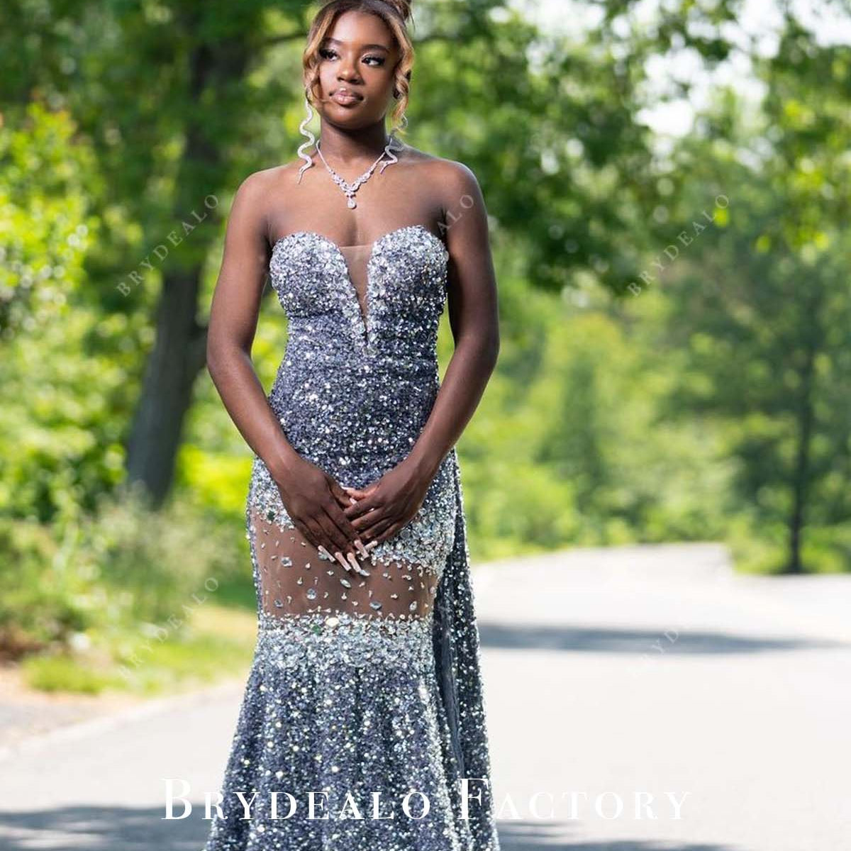 Grey Sequin Bias V-neck Strapless Panel Train Mermaid Prom Formal Dress Grey Sequin Bias V-neck Strapless Panel Train Mermaid Prom Formal Dress