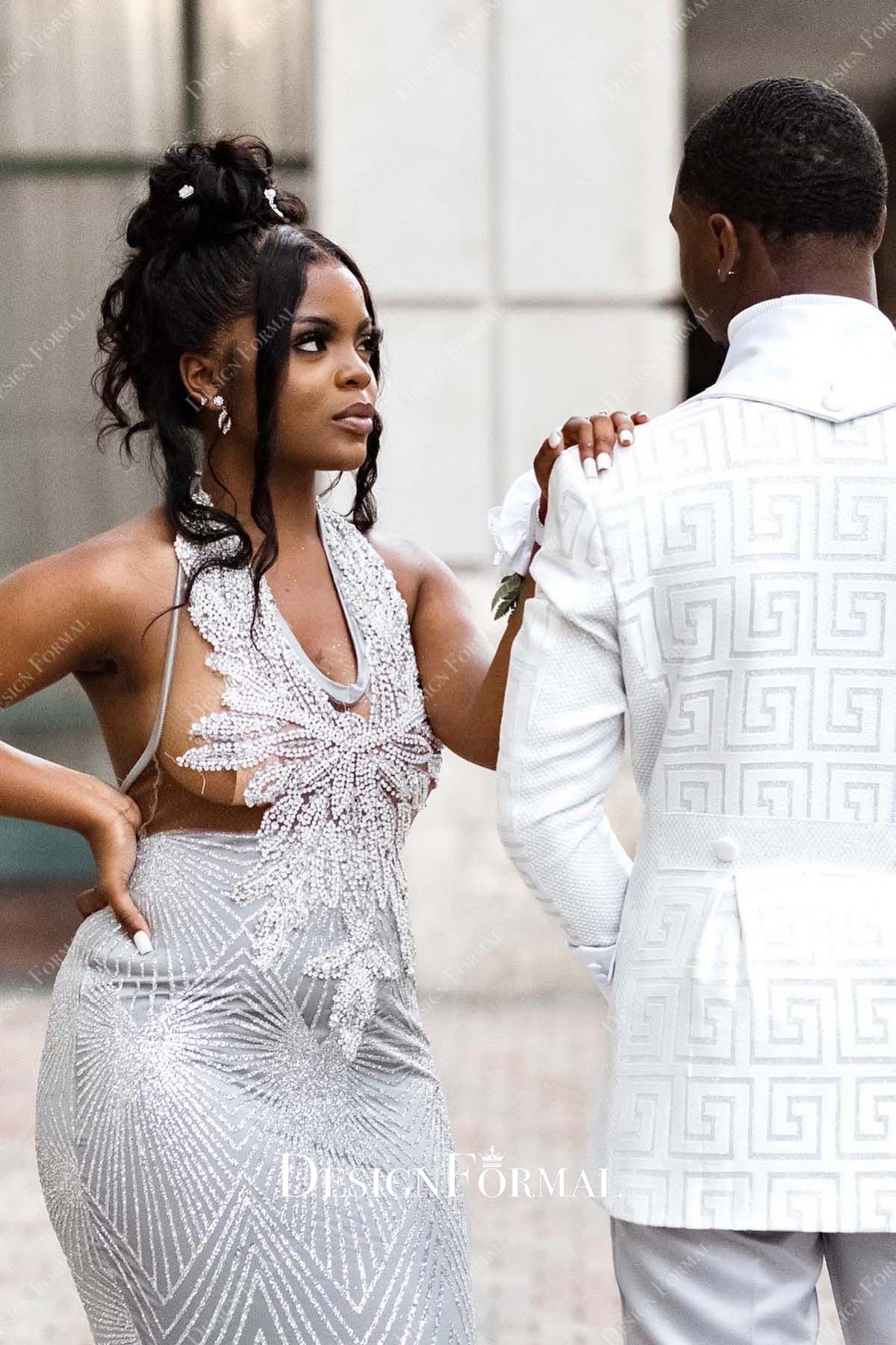 silver sequin halter prom dress