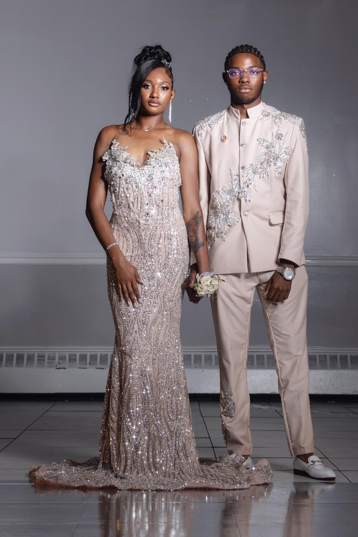 silver sequin rose gold prom dress