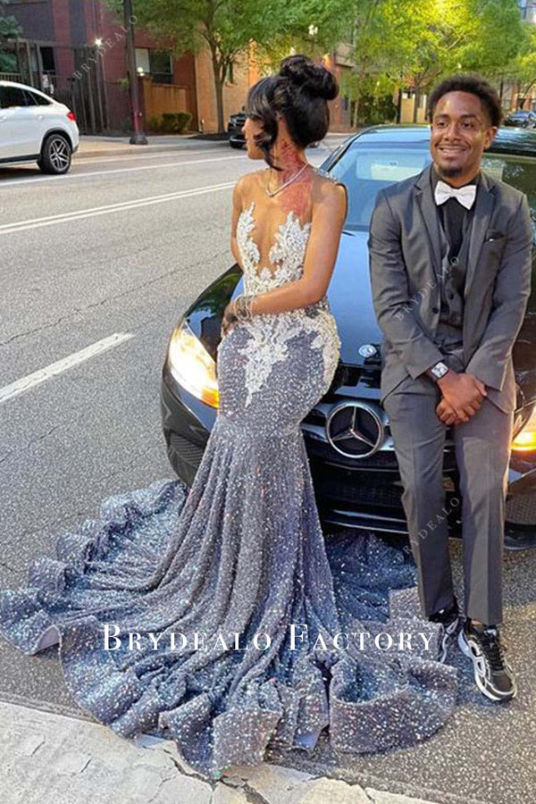 Silver Sequin Embroidered Tassels Mermaid Prom Dress main image 1