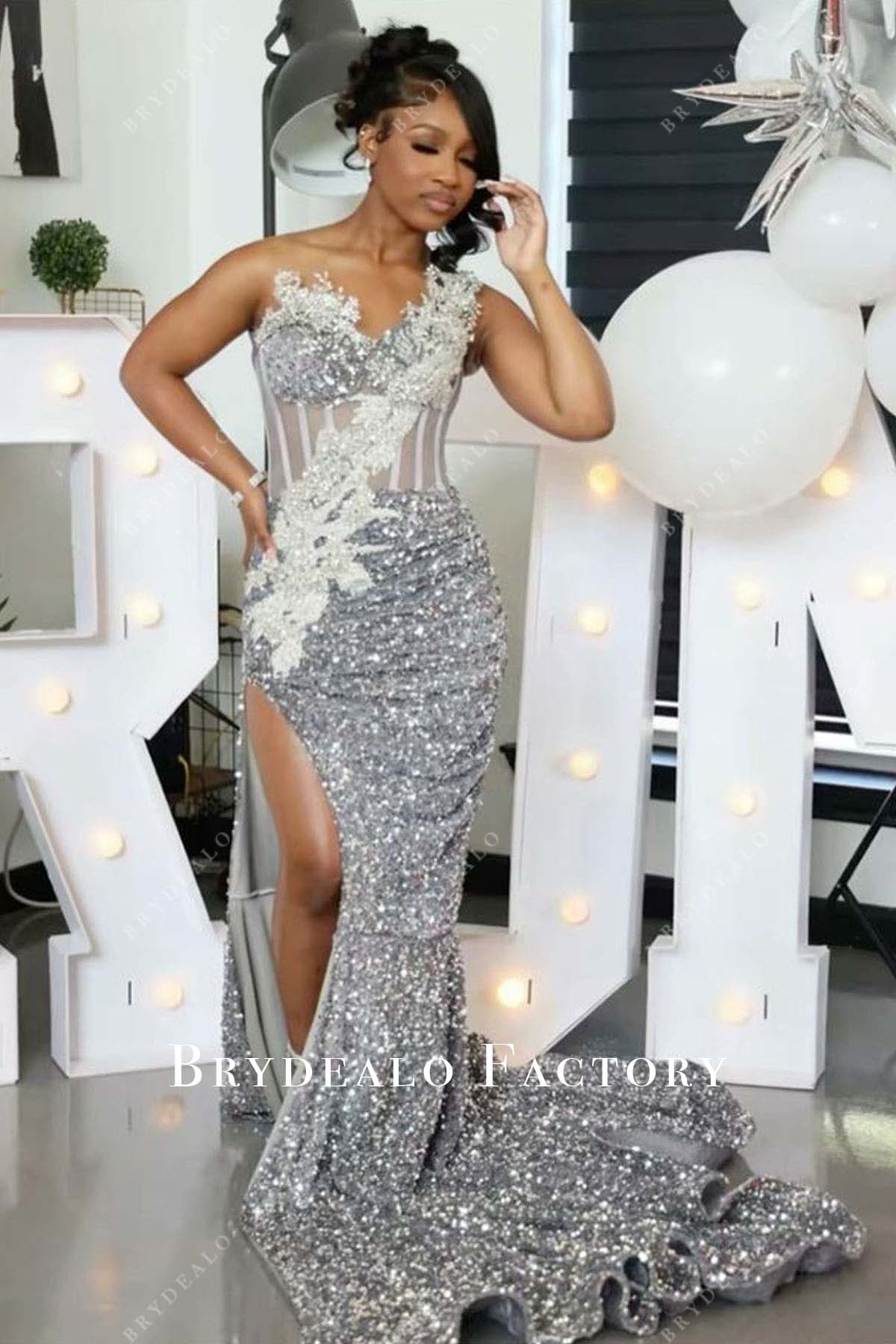 silver sequined slit long train prom dress