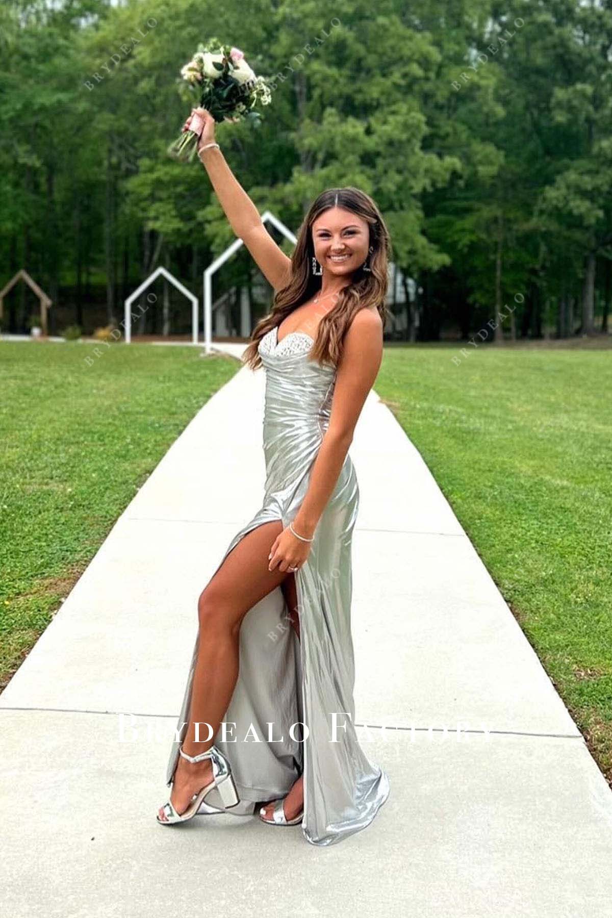 silver sleeveless slit homecoming dress