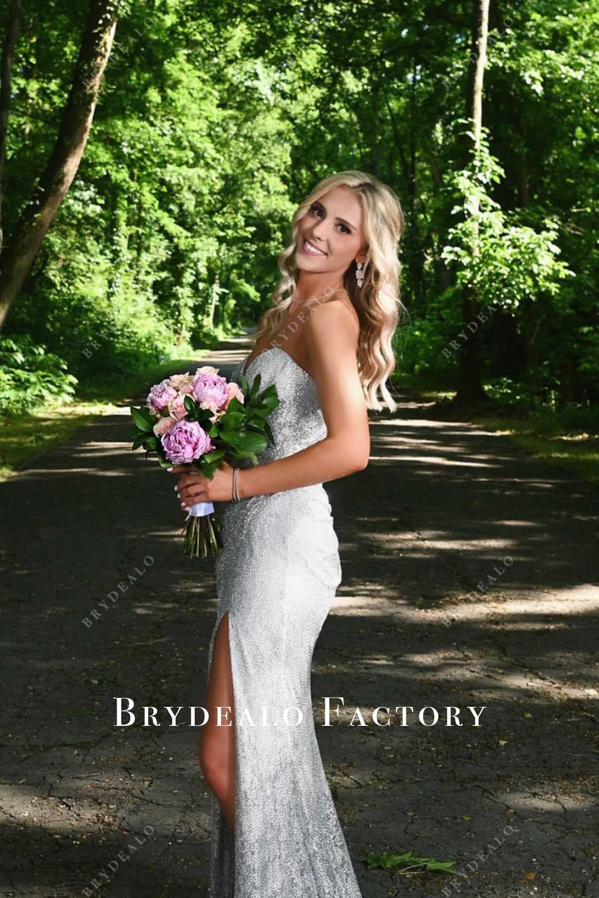 silver slit mermaid prom dress