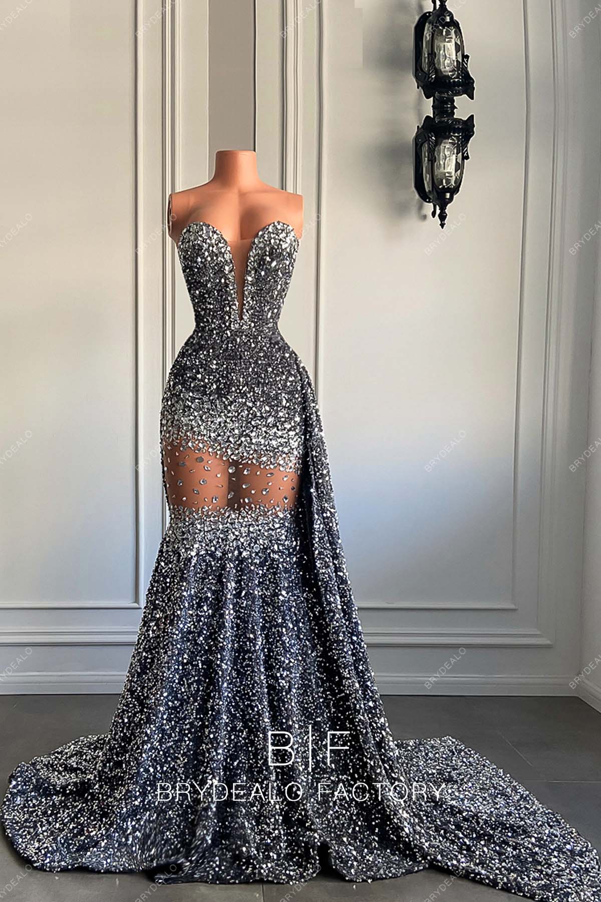 Crystals Gray Sequin Strapless Deep Neck Formal Gown