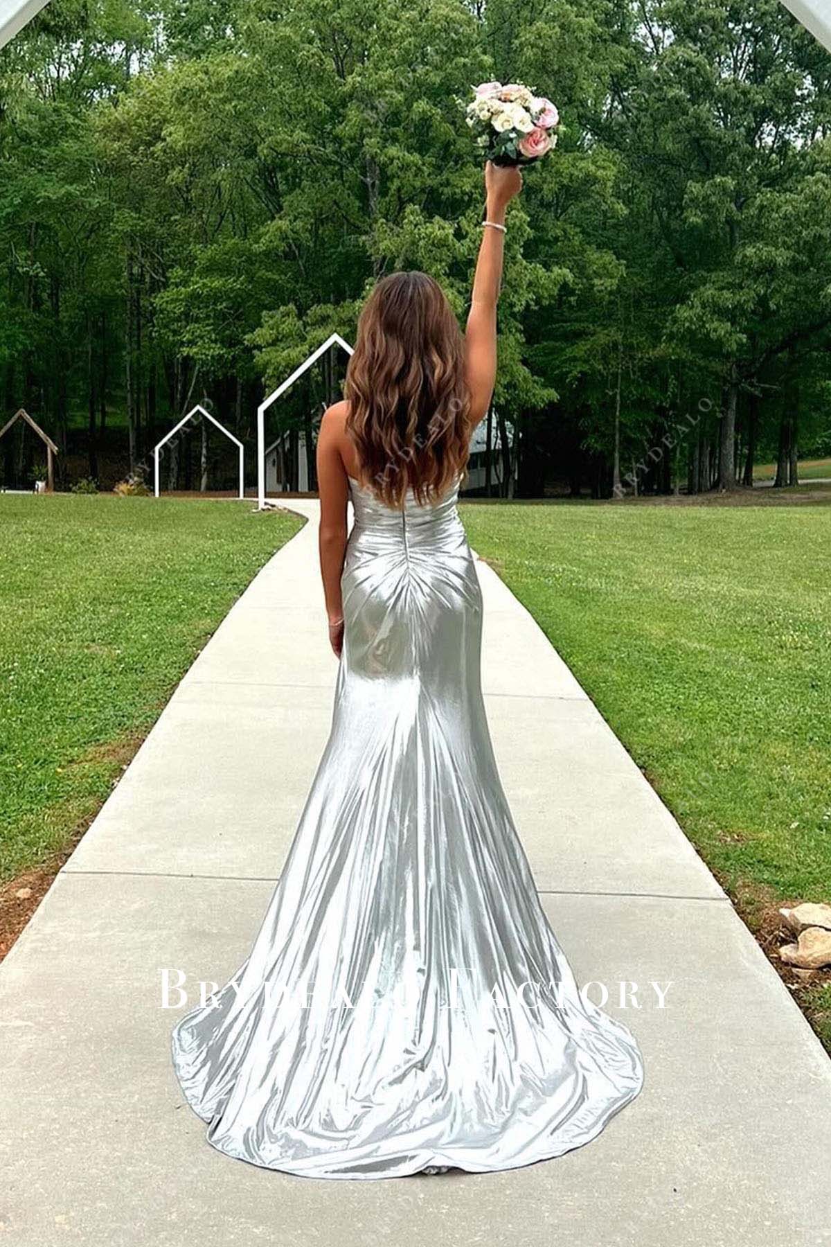 silver sweetheart neck long train homecoming dress