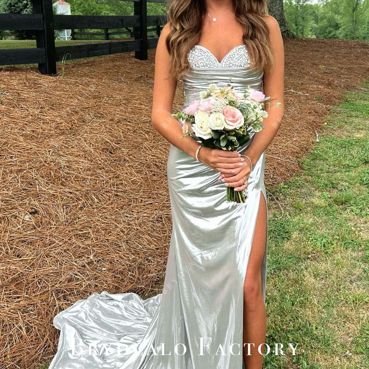 silver homecoming dress long Rhinestones Sliver Strapless Long Train Homecoming Dress