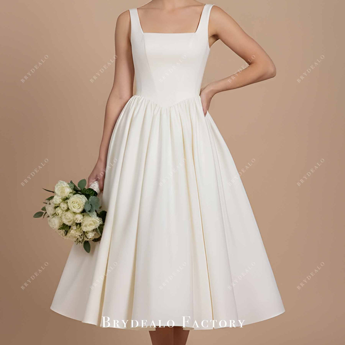 Ivory Crepe Higher Lace-up Back Tea Length Puffy Bridal Dress