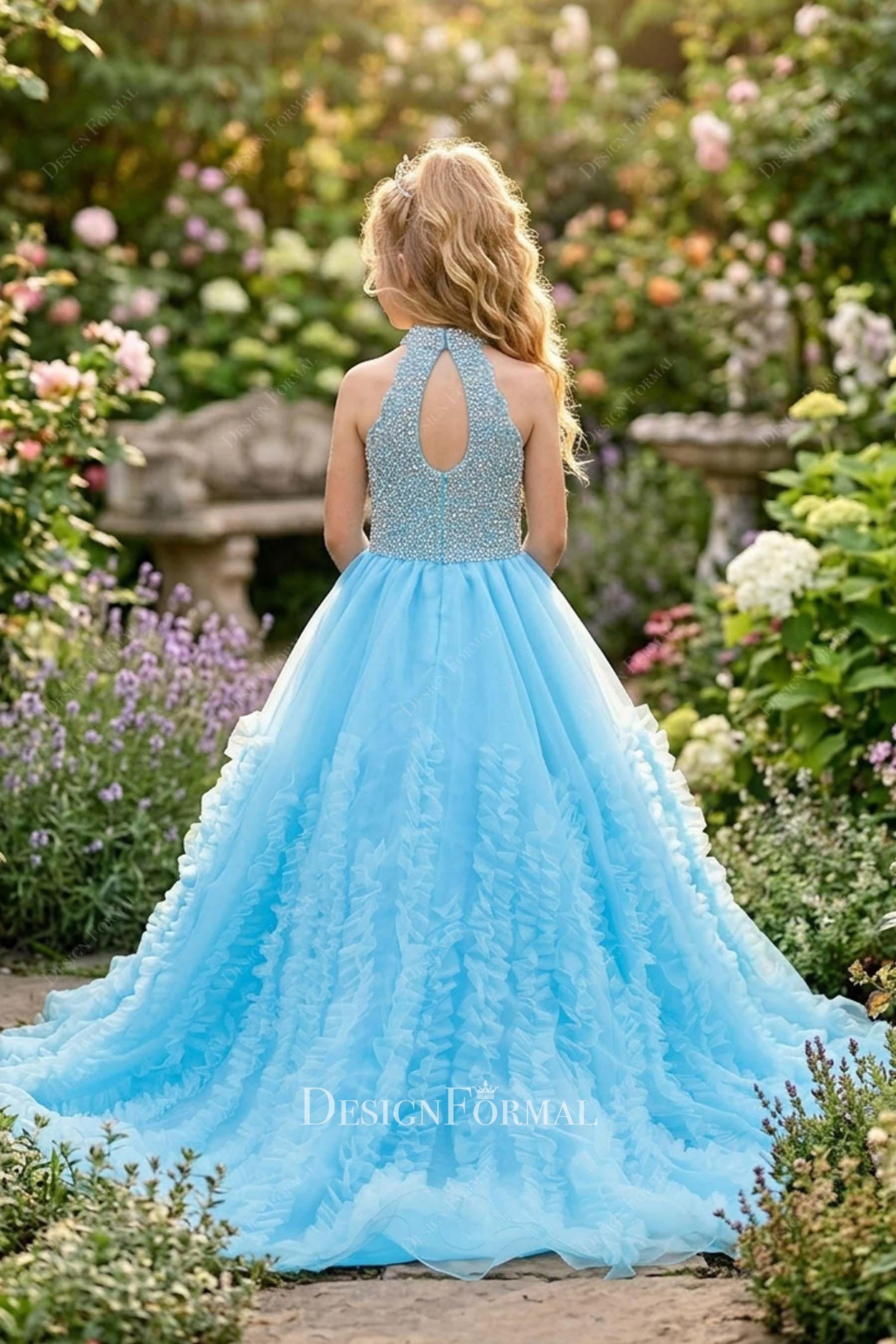 sky blue a line court train pageant dress
