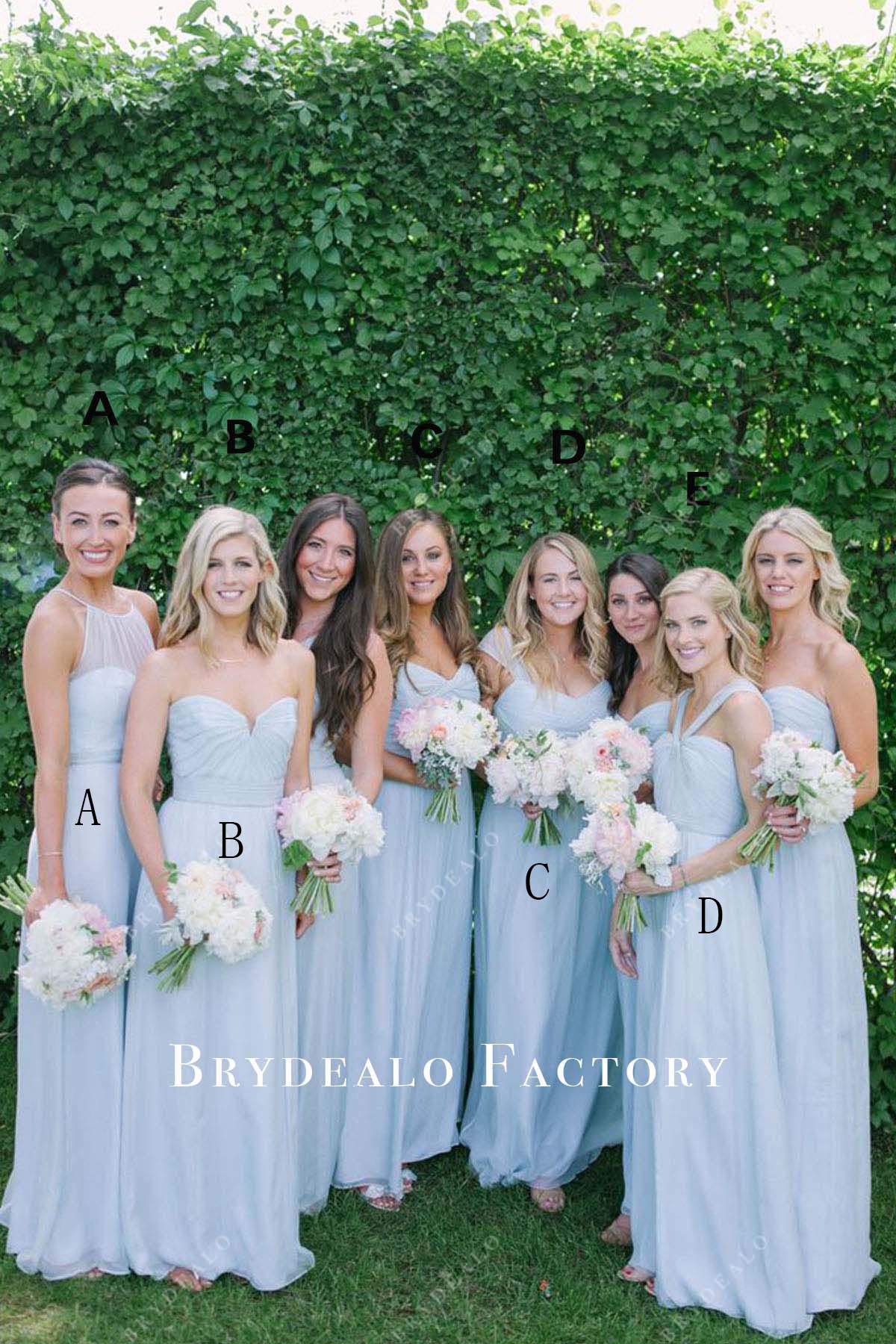 sky blue floor length mismatched bridesmaid dresses