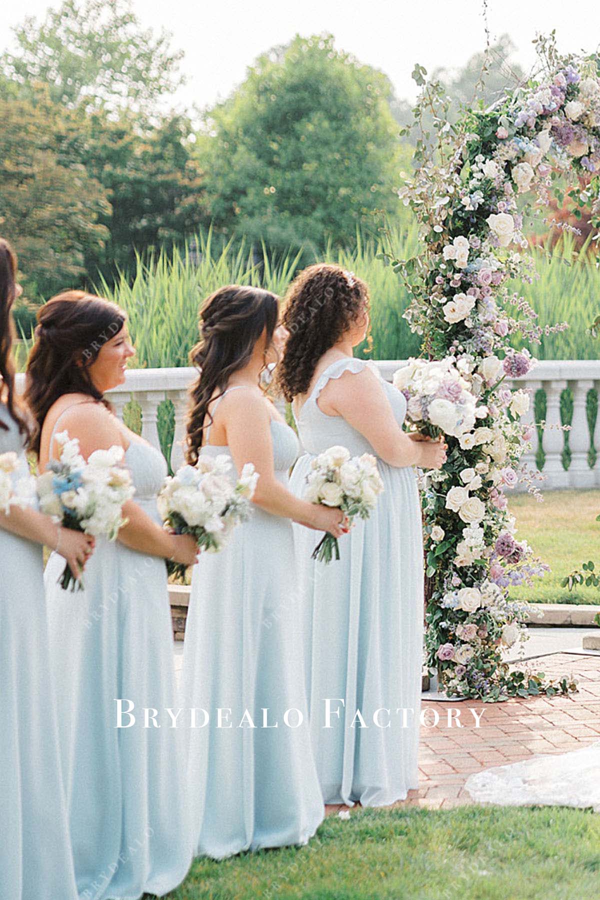 sky blue floor length mismatched bridesmaid dresses