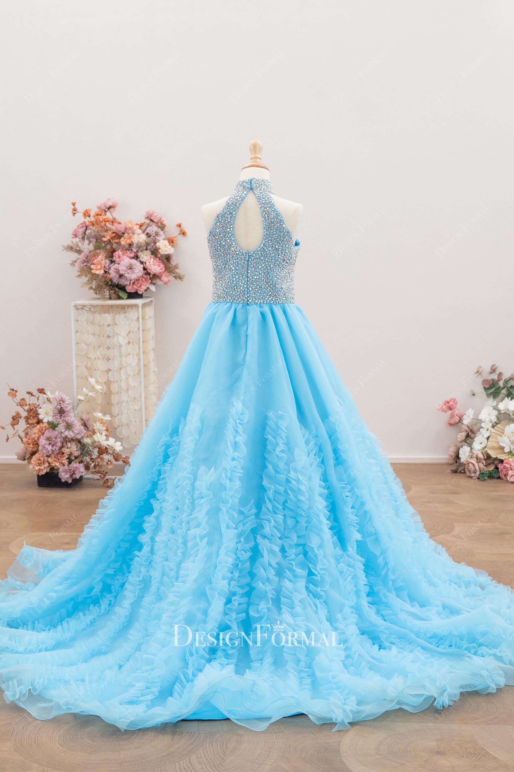 sky blue keyhole back kids pageant dress