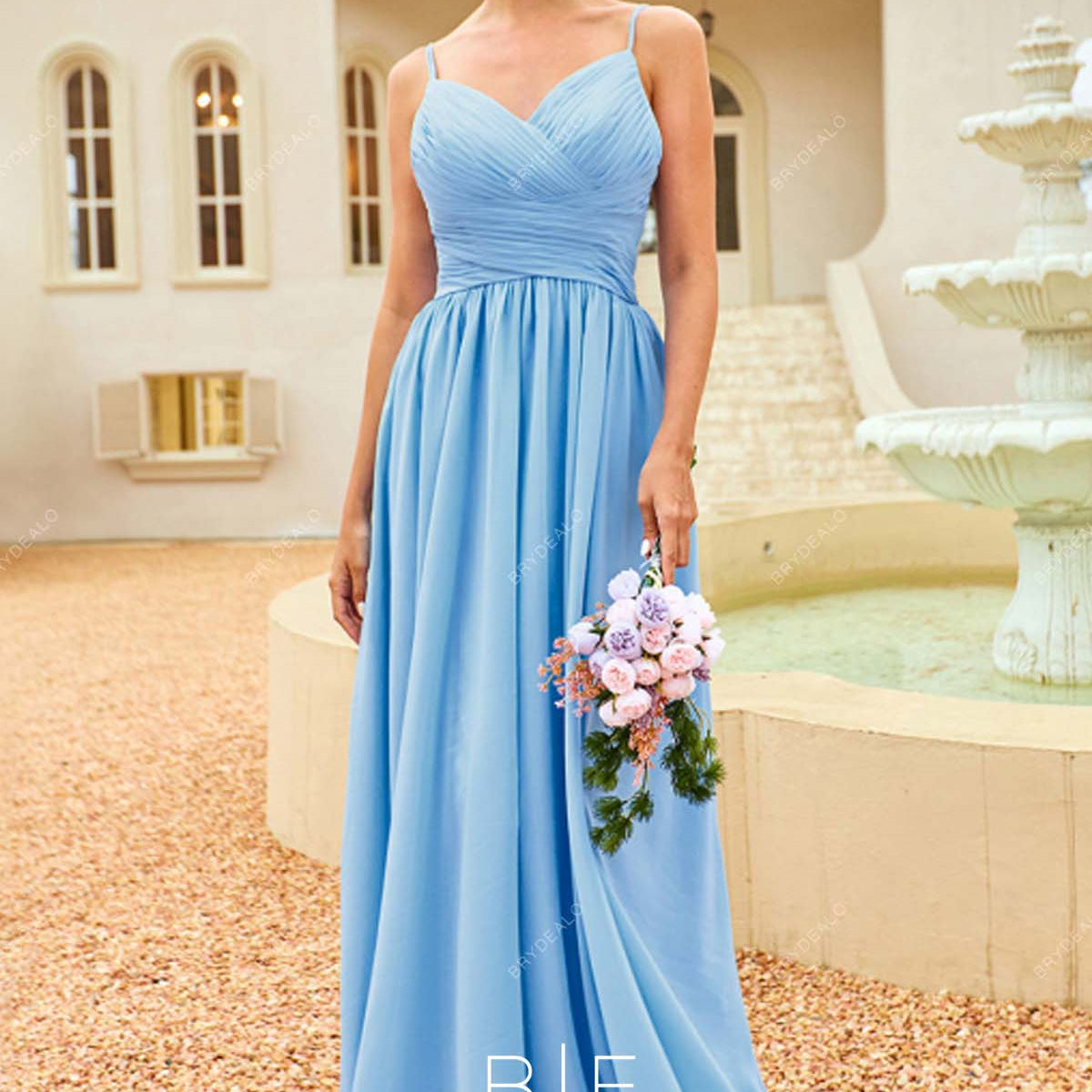 Sky Blue Pleats Chiffon Thin Straps Elegant Long Bridesmaid Prom Dress Sky Blue Pleats Chiffon Thin Straps Elegant Long Bridesmaid Prom Dress