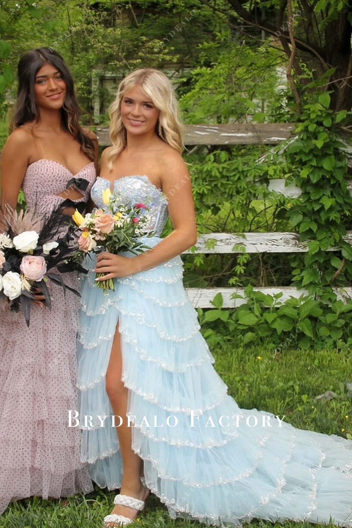 sky blue long train slit homecoming dress