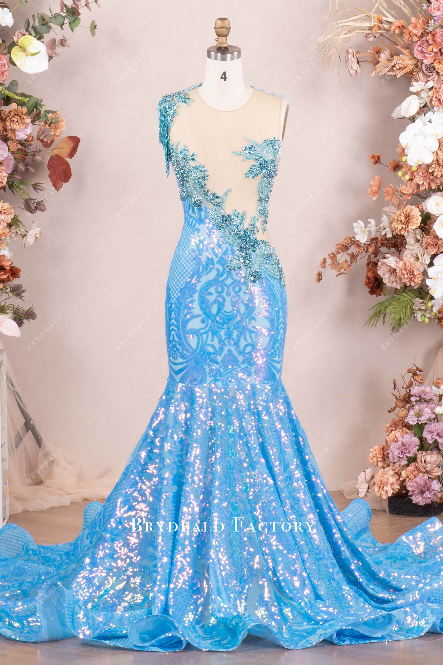 sky blue rhinestone sequin mermaid prom dress