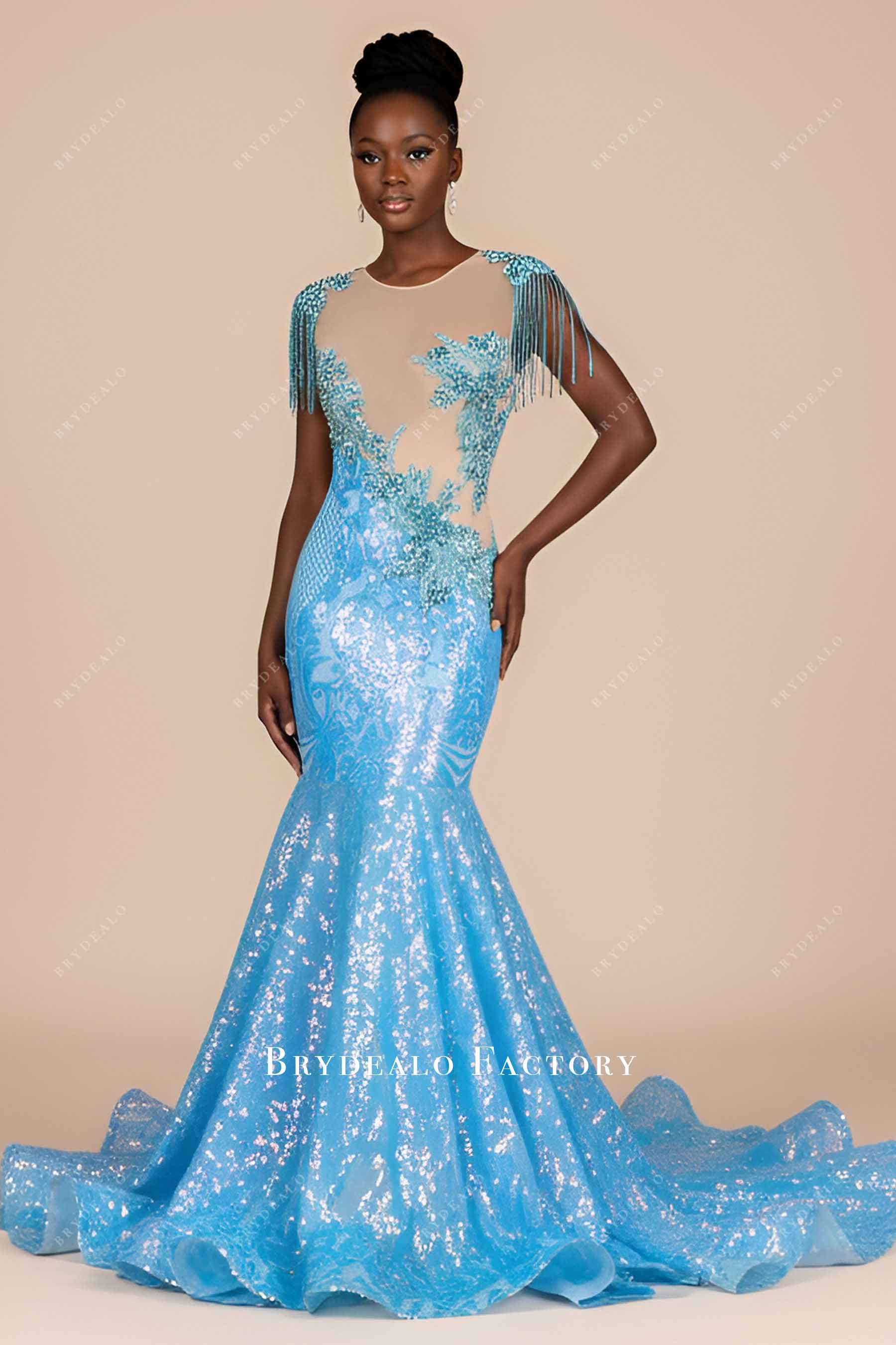sky blue rhinestone shoulder tassel prom dress