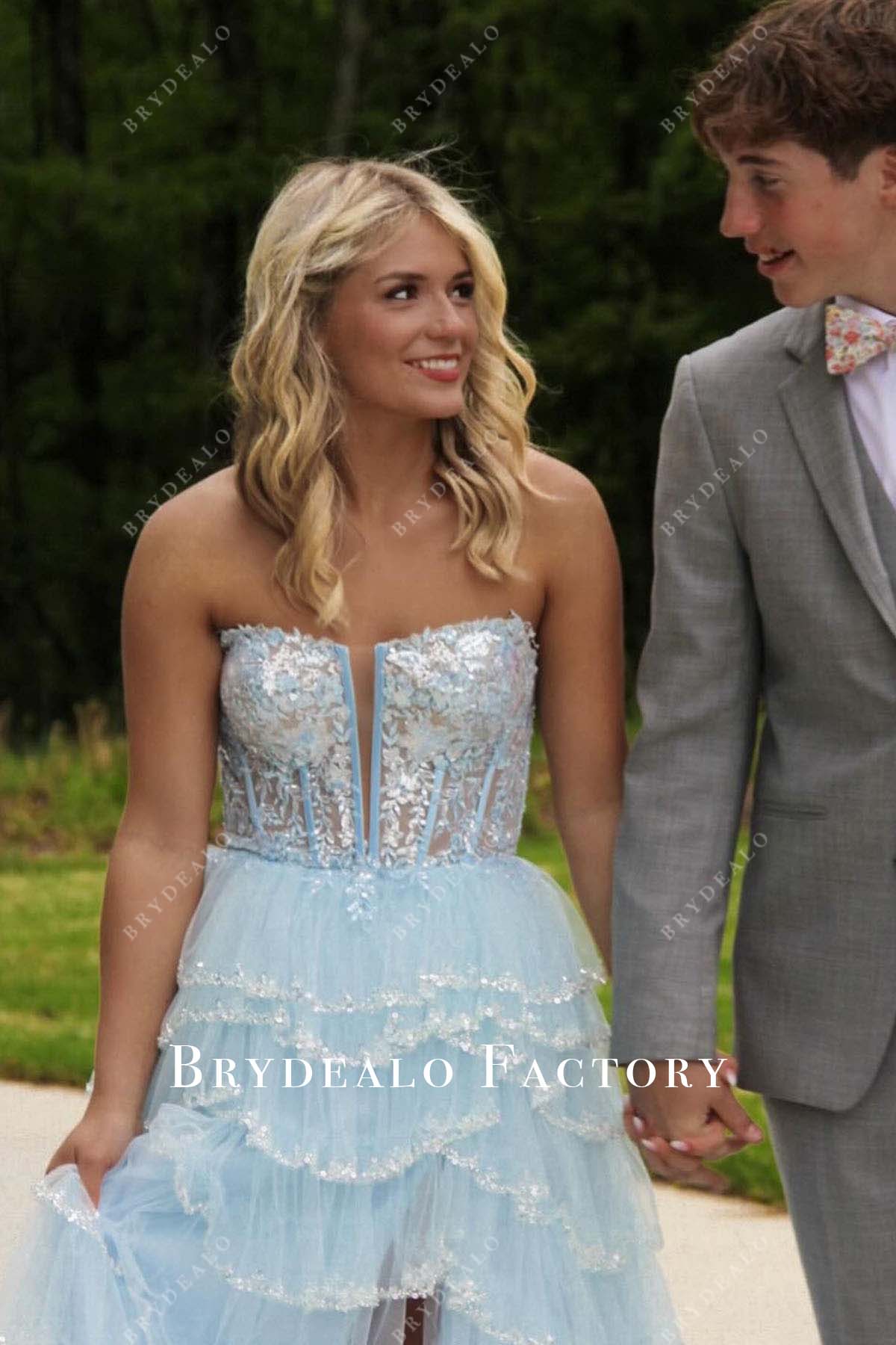 sky blue sequined strapless layered homecoming dress